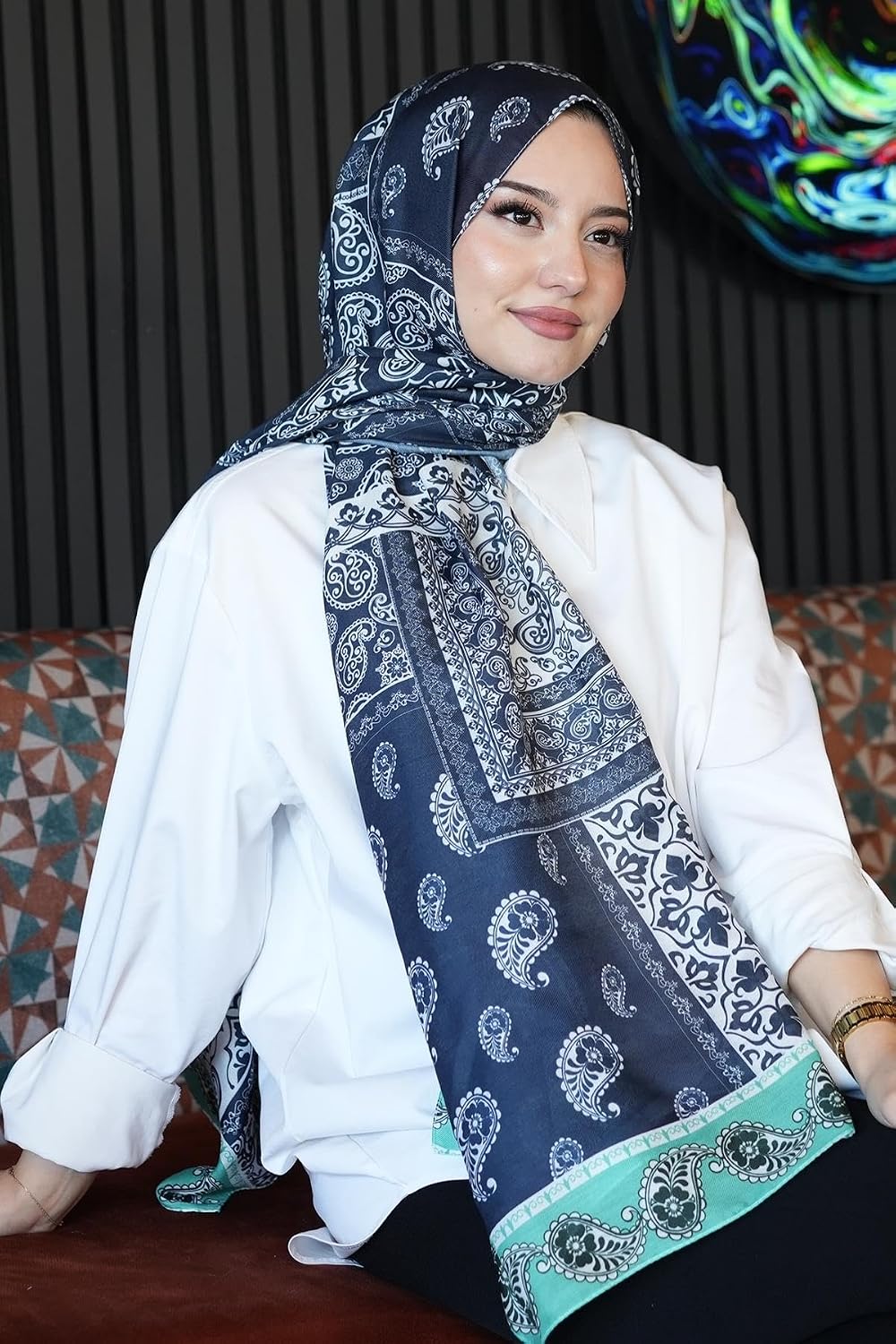 Paisley Desen Lacivert Soft Pamuk Şal Lacivert