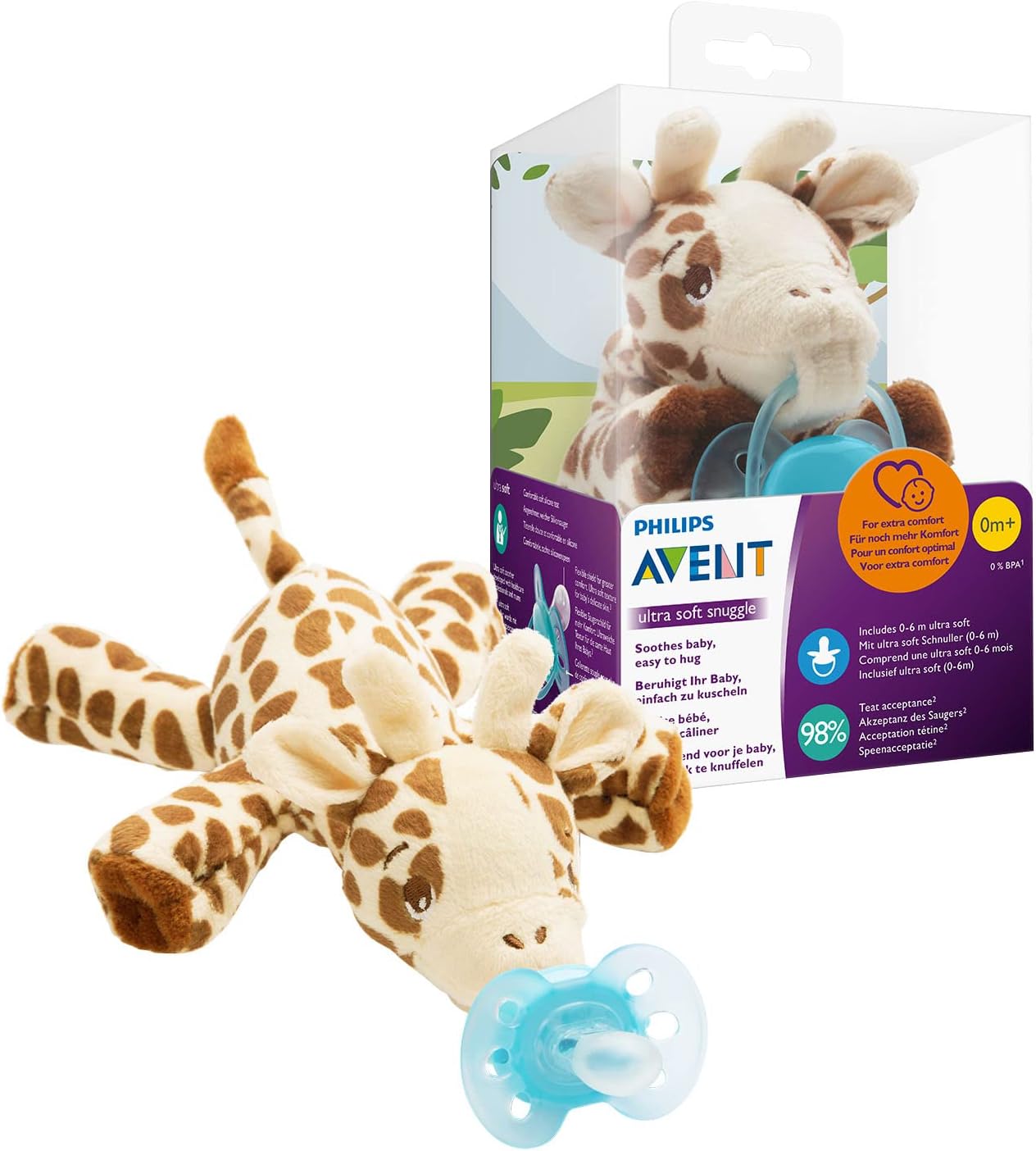 Avent Snuggle Giraffe SCF348/11, Kuscheltier mit Schnuller ultra soft, perfektes Geschenk für Neugeborene und Babys, Schnullertier