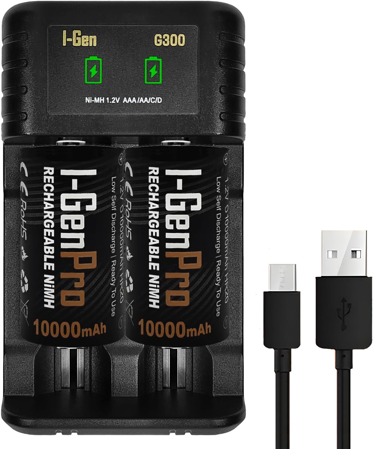 Batteries G32D 2’li AA/AAA/C/D Pil Şarj Aleti + 2 Adet Pro D 10.000 mAh 1.2 V Ni-MH Şarjlı D Büyük Boy Pil Seti