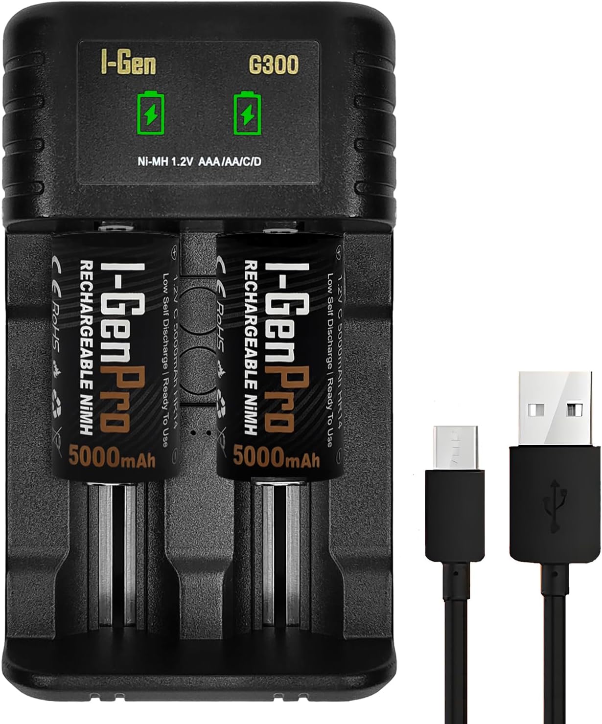 Batteries G32C 2’li AA/AAA/C/D Pil Şarj Aleti + 2 Adet Pro HR14 C Orta Boy 5000 mAh 1.2V Ni-MH Şarj Edilebilir Pil Seti