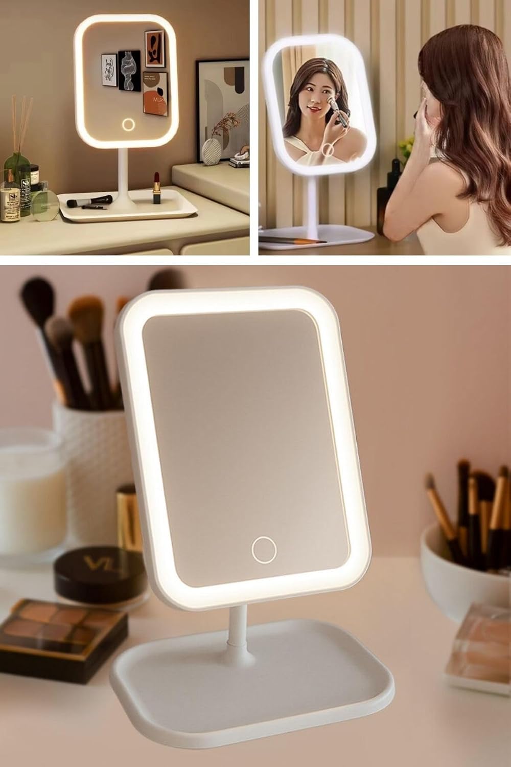 ® Dokunmatik LED Işıklı Kare Makyaj Aynası – Altı Organizer Kaseli, Ayarlanabilir Aydınlatmalı Masaüstü Makyaj ve Cilt Bakım Aynası