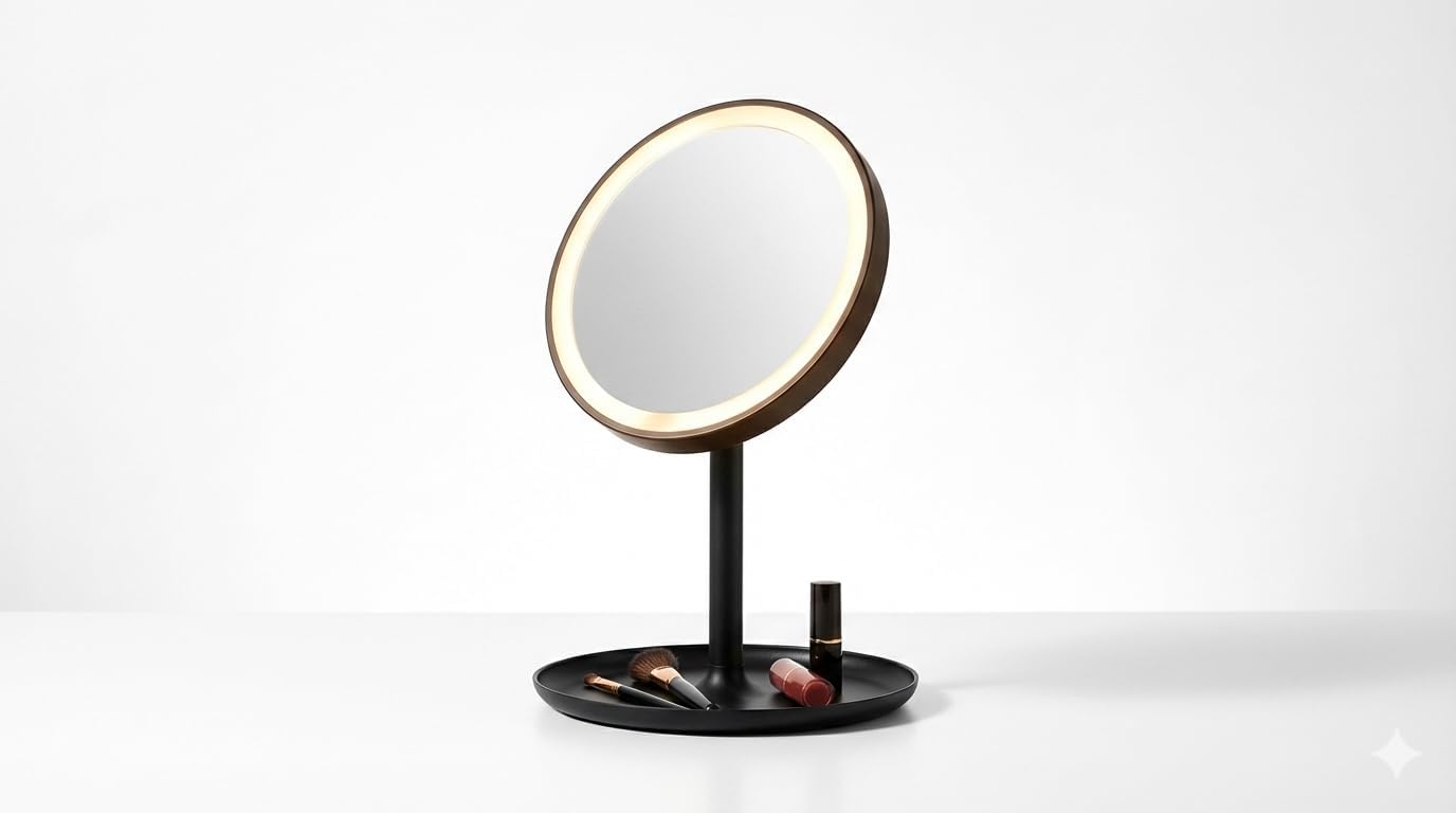LED Işıklı Masaüstü Makyaj Aynası - Dokunmatik Sensörlü, Parlaklık Ayarlı ve Organizer Tabanlı Taşınabilir Kozmetik Aynası - USB Bağlantılı Profesyonel Bakım ve Makyaj Standı (Yuvarlak)