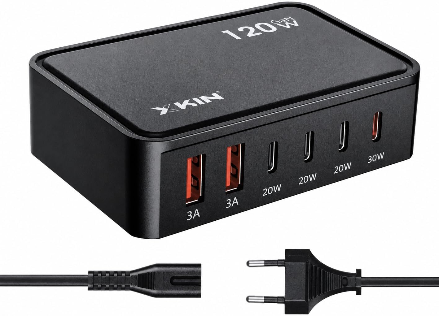 120W GaN Şarj İstasyonu 5 Portlu Hızlı Şarj Adaptörü PD30W QC18W Smart Chip Teknolojili USB-A USB-C Çoklu Şarj Cihazı Masaüstü Hızlı Şarj Ünitesi | XK-HC205 (Siyah)