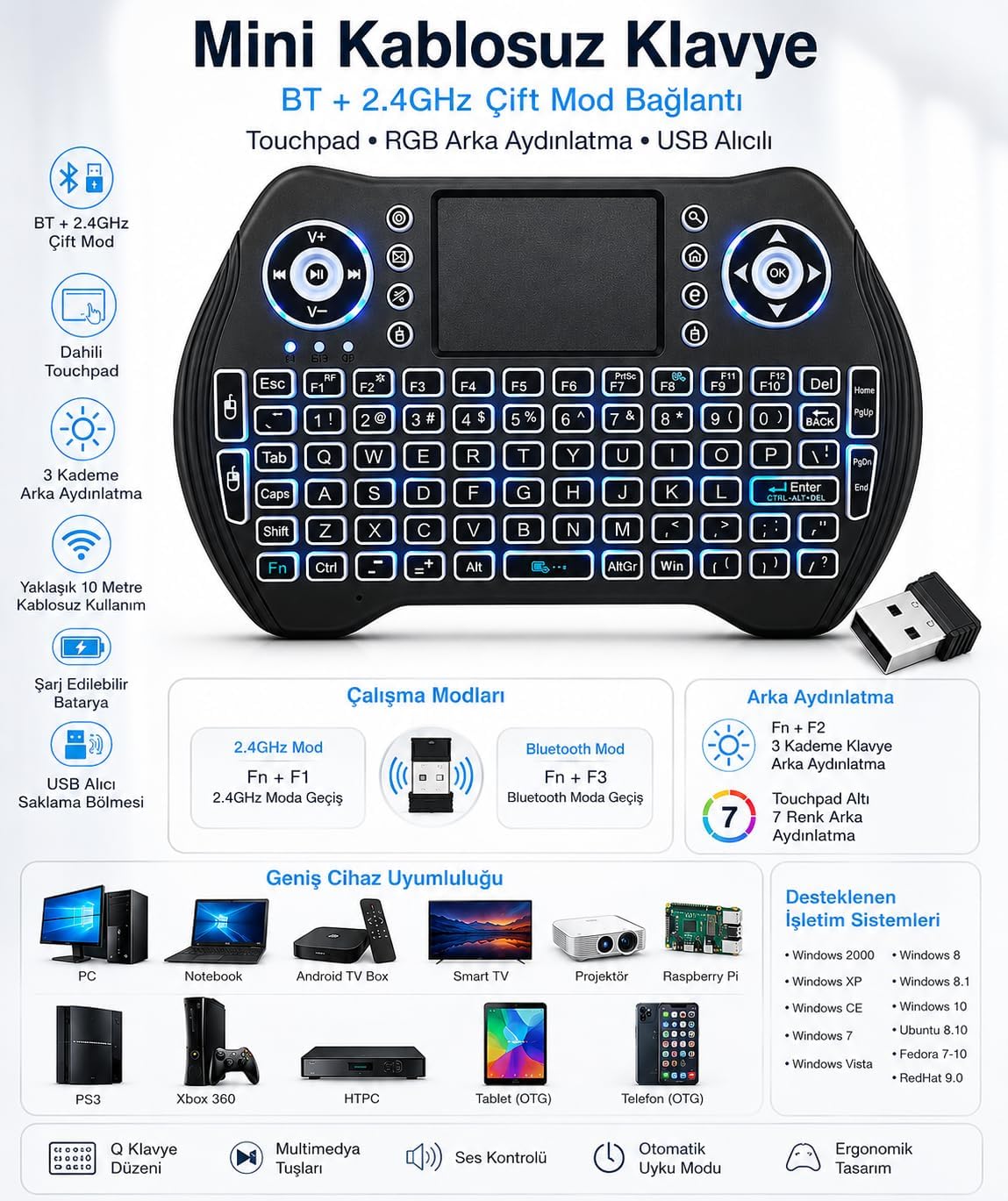 Mini Kablosuz Klavye BT + 2.4GHz Çift Mod Bağlantı, Dahili Touchpad, RGB Arka Aydınlatma, USB Alıcılı, Smart TV Android TV Box PC Tablet Telefon HTPC Projektör PS3 Uyumlu | KSW1