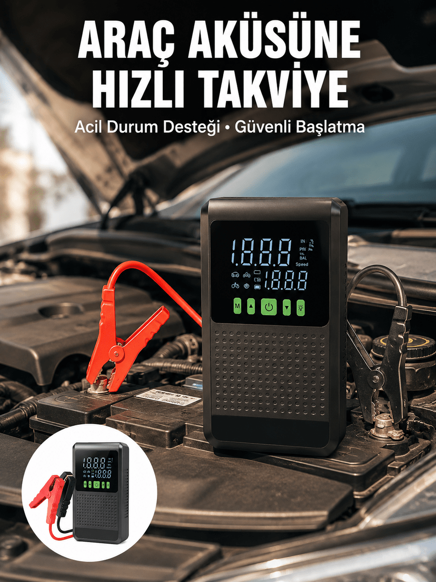 Araç İçin Akü Takviye Cihazı ve Kablosuz Hava Kompresörü Yeni Nesil