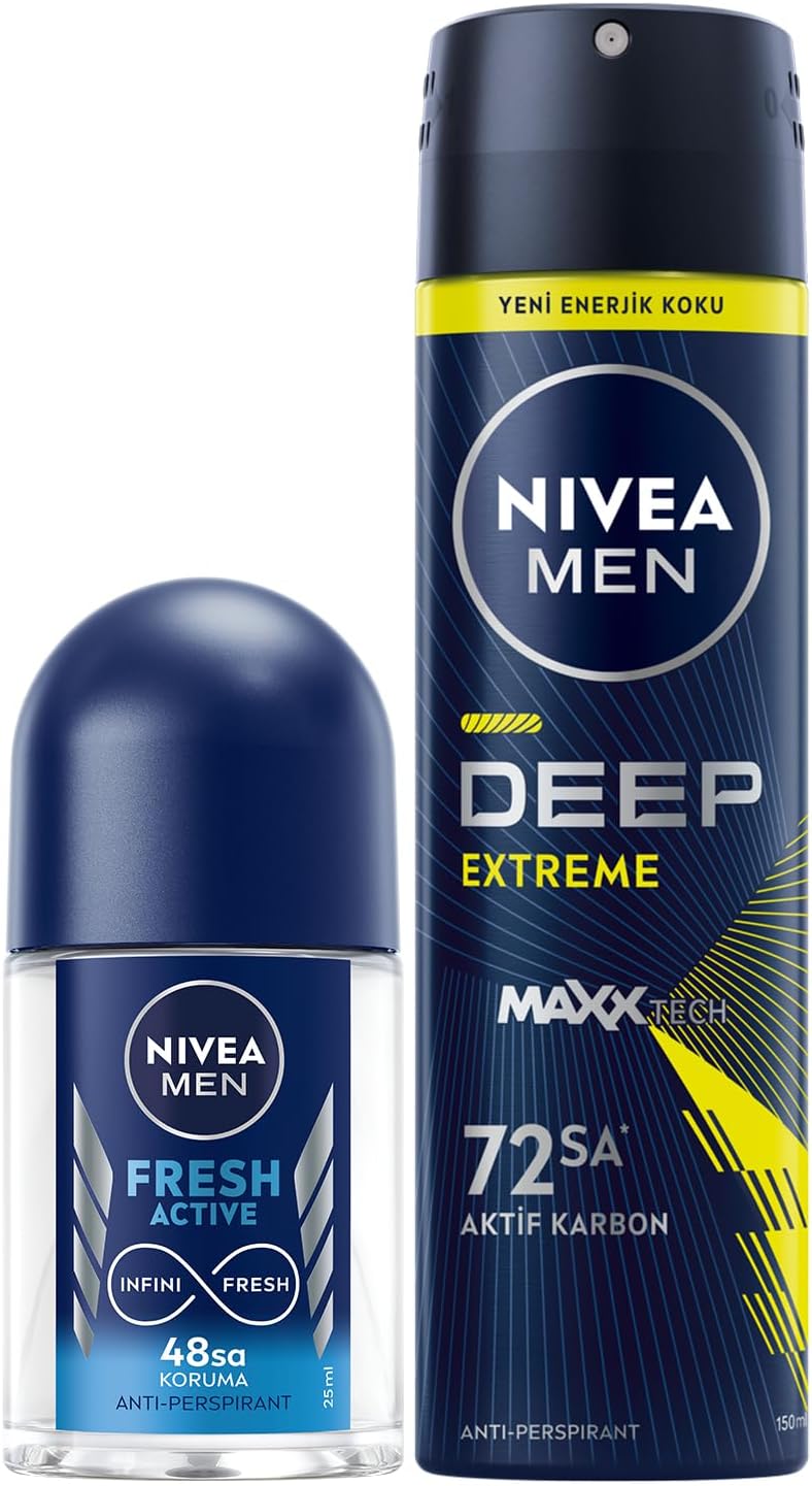 MEN Erkek Sprey Deodorant Deep Aktif Karbon 150ml ve Fresh Active Mini Roll-on 25ml, Anti-perspirant