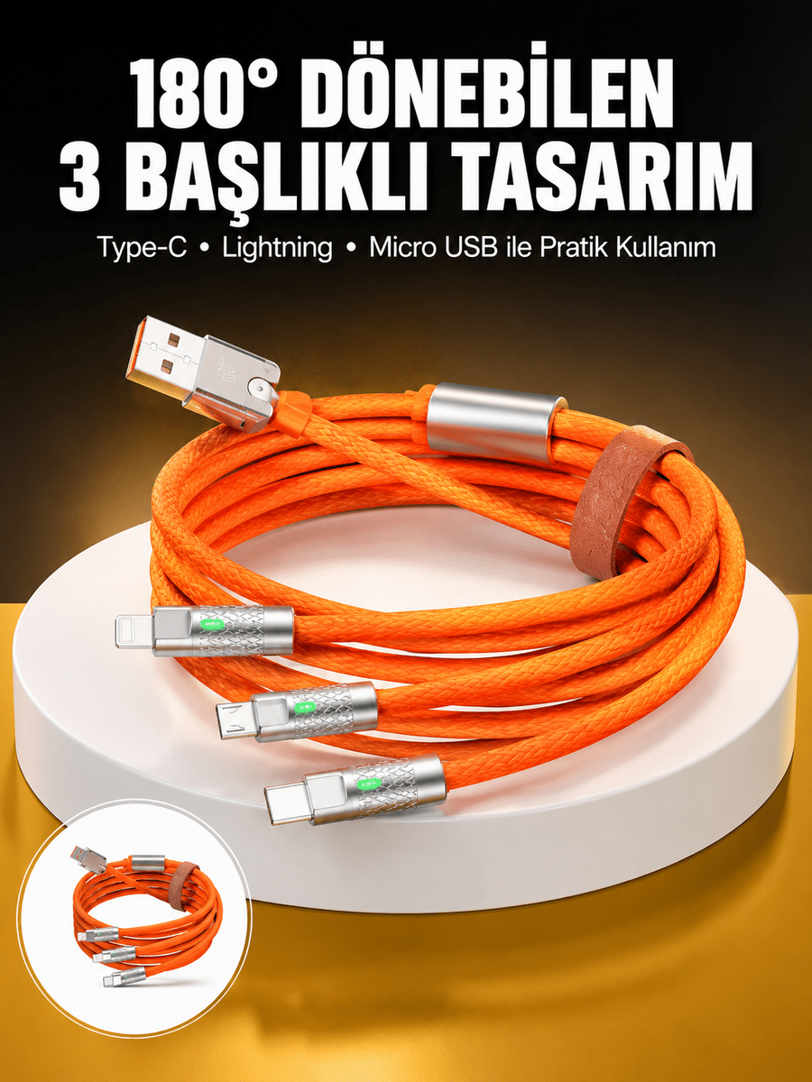 120W 3 İn 1 Uyumlu Silikon Şarj Kablosu Hızlı Şarj Kablosu