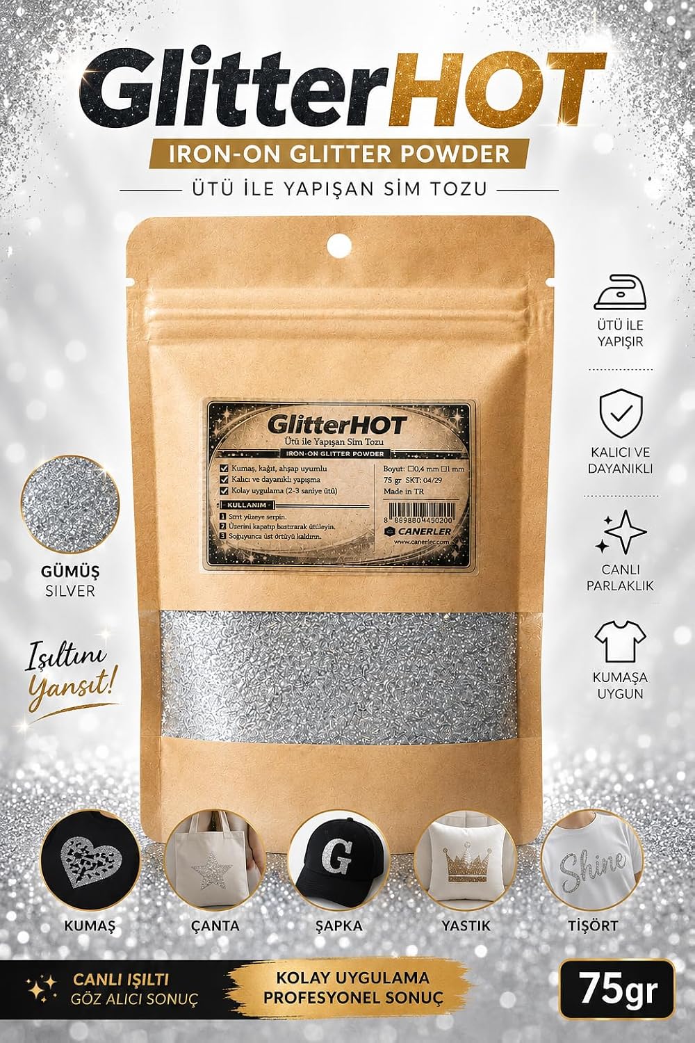 Ütü ile Yapışan Toz Sim, 75 Gr, Elbise Tişört Kumaş Simi (GÜMÜŞ, İnce Taneli (0,4mm))