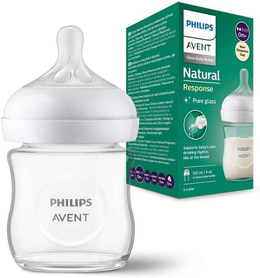 Philips Doğal Tepkili Cam Biberon, 120 ml, 0 Ay+, Akıtmaz Emzik, Kolik ve Gaz Önleyici, BPA İçermez, SCY930/01