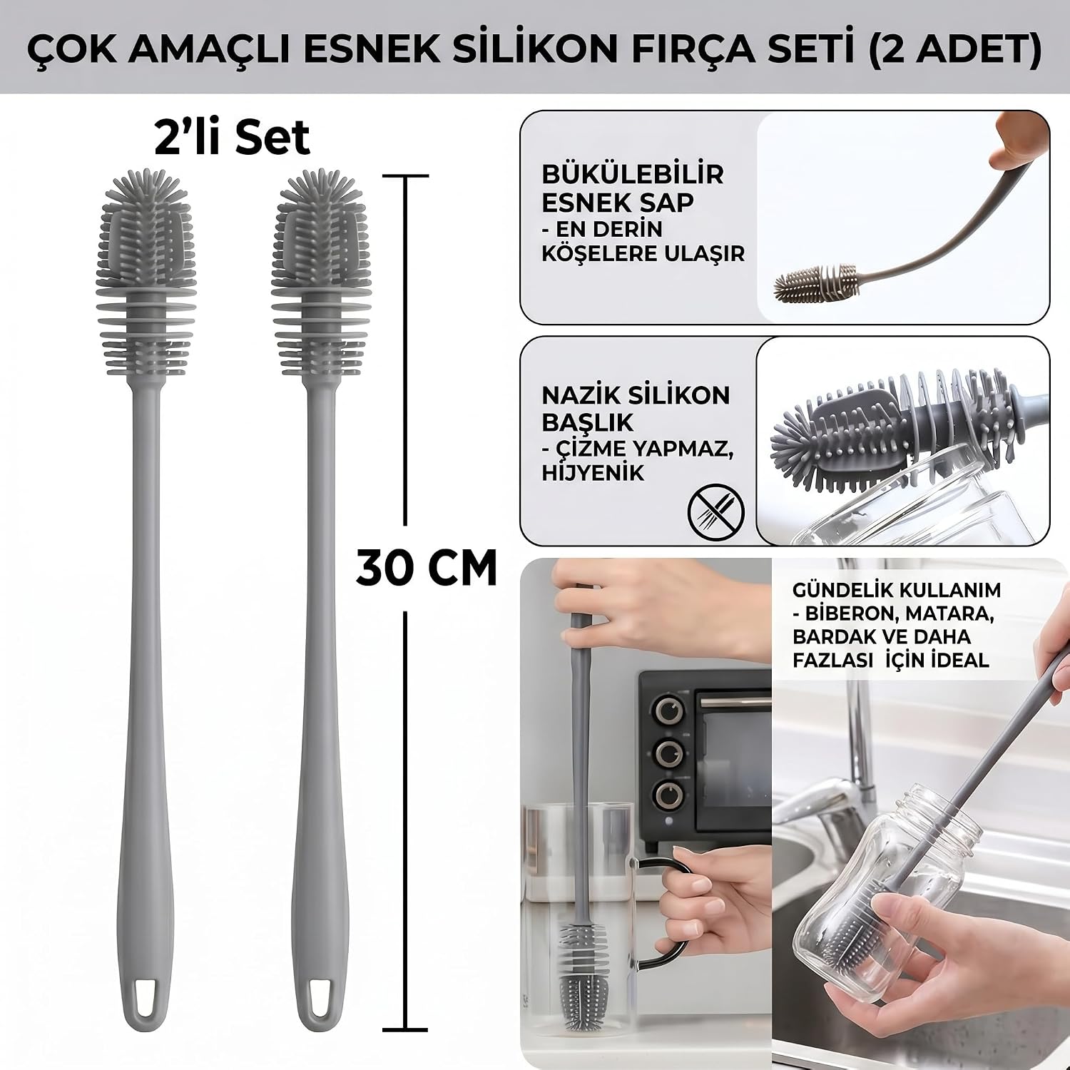 Silikon Biberon ve Matara Fırçası, Esnek Saplı, Gri, 30 cm, 2'li Set, Bardak Temizliği için İdeal
