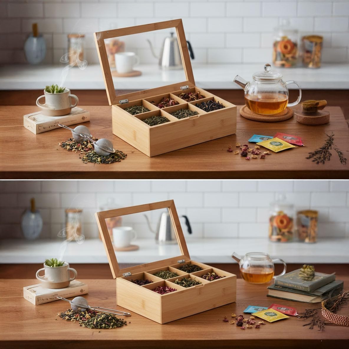 Orjinal Bambu Organizer, Çay Kutusu, Takı Kutusu, Mıknatıslı Kapak, Premium Kalite (6 Şeffaf Kapak)