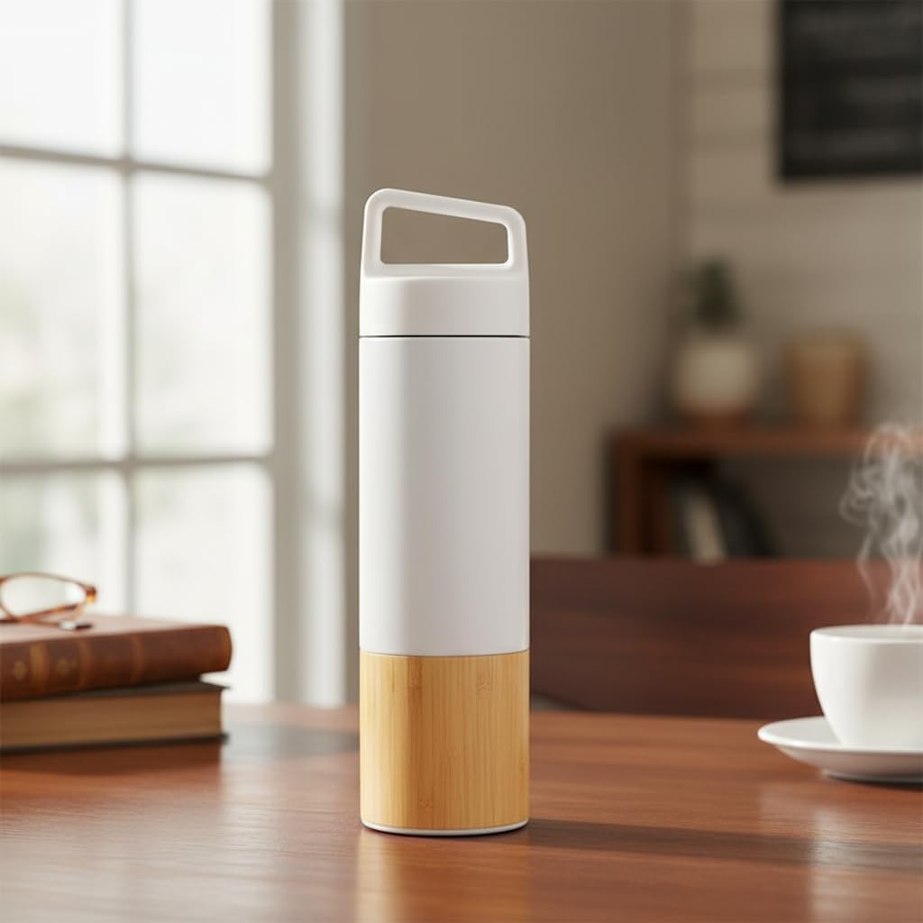 600 ml Bambu Tabanlı Kulplu Çelik Termos Mug - 5 Renk Seçenekli Sıcak/Soğuk Tutucu Seyahat Bardağı (BEYAZ)
