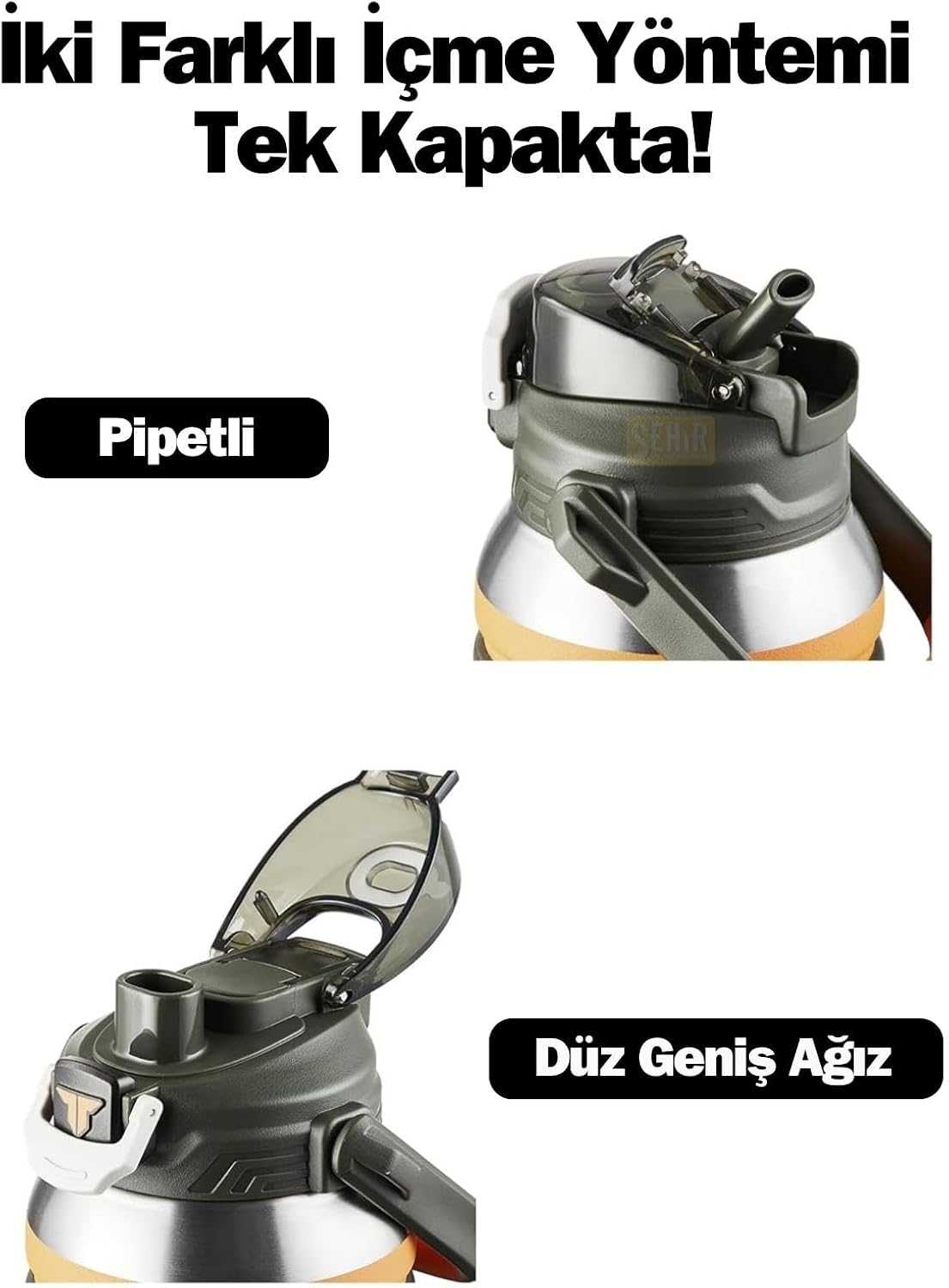 TKK Mega Boy 1500ml Pipetli/Pipetsiz Kullanım Askılı Paslanmaz Çelik Termos Matara (Turuncu)