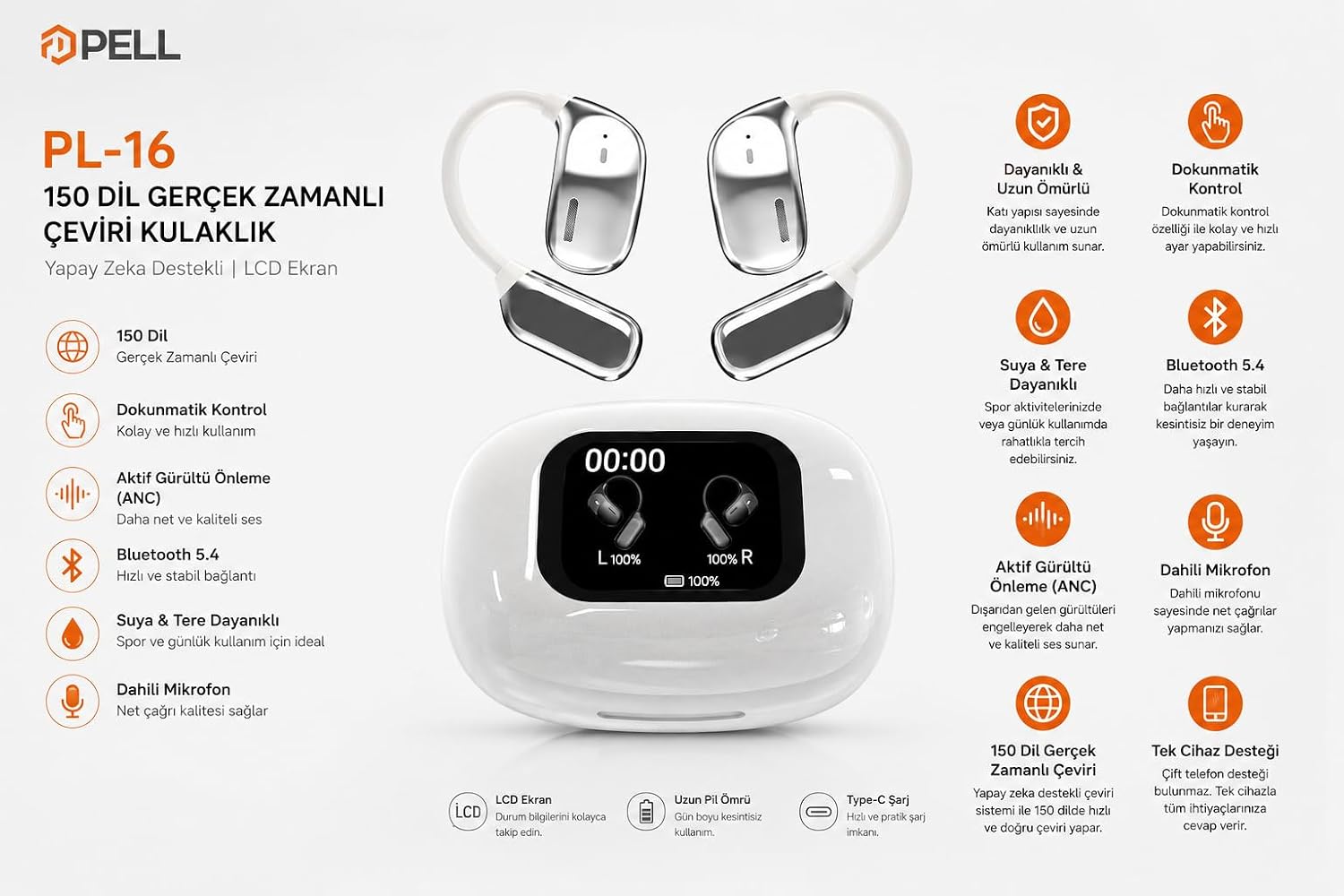 Pell PL-16 Gerçek Zamanlı Çeviri Kulaklık, 150 Dil Desteği, Yapay Zeka Destekli, ANC, Bluetooth 5.4, LCD Ekran