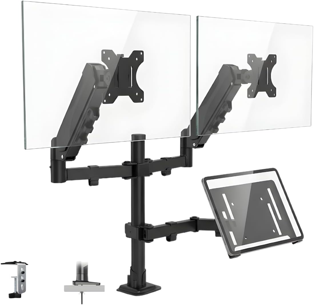 17–32 İnç Amortisörlü Çiftli Pivot Monitör Kolu ve Tablet Kollu, Gazlı Yaylı, 2–9 Kg, Çift Montaj Seçeneği Sıkıştırma ve Vidalama, 360° Döner, VESA Uyumlu Stant, M03, Siyah