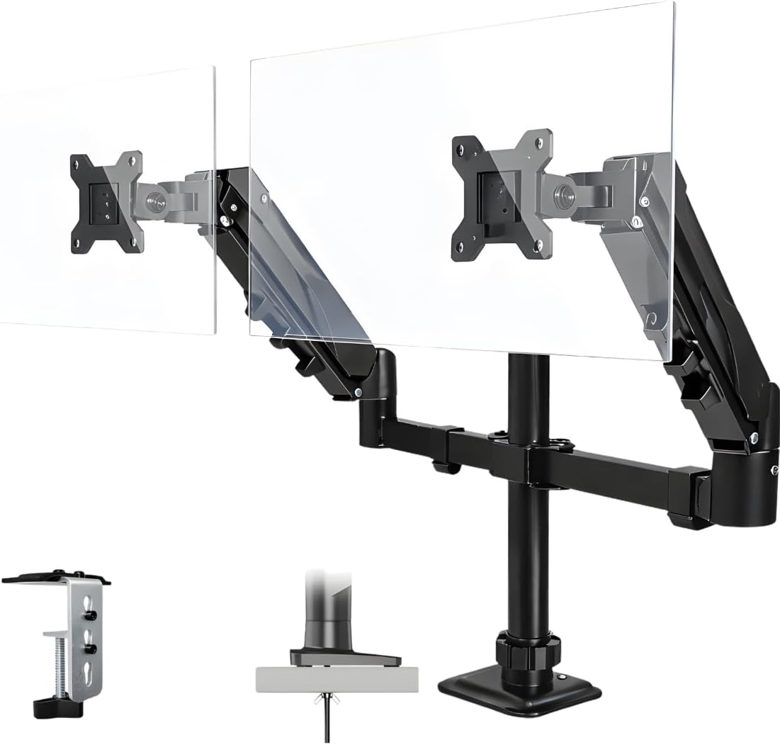 17–32 İnç Amortisörlü Çiftli Pivot Monitör Kolu, Gazlı Yaylı, 2–9 Kg, Çift Montaj Seçeneği Sıkıştırma ve Vidalama, 360° Döner, VESA Uyumlu Stant, M02, Siyah