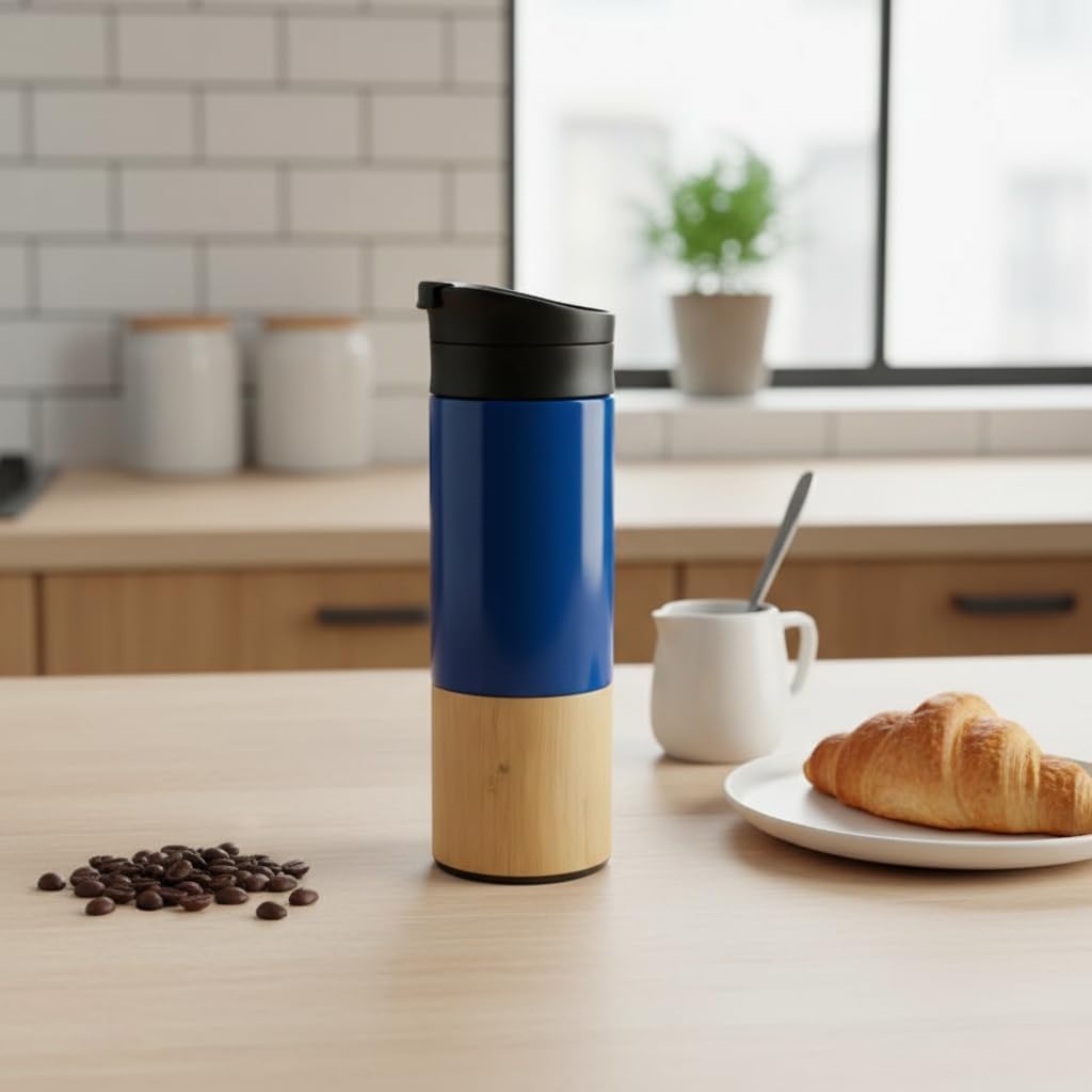 450 ml Bambu Kaplamalı Çelik Termos - Siyah, Mavi ve Kırmızı Renk Seçenekli Sızdırmaz Isı Yalıtımlı Seyahat Termosu (MAVİ)