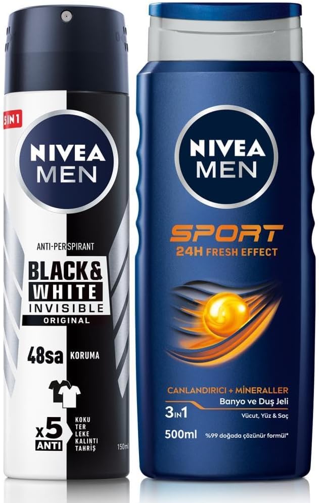 MEN Erkek Sprey Deodorant Black&White Invisible Original ve MEN Sport Erkek Duş Jeli 500ml