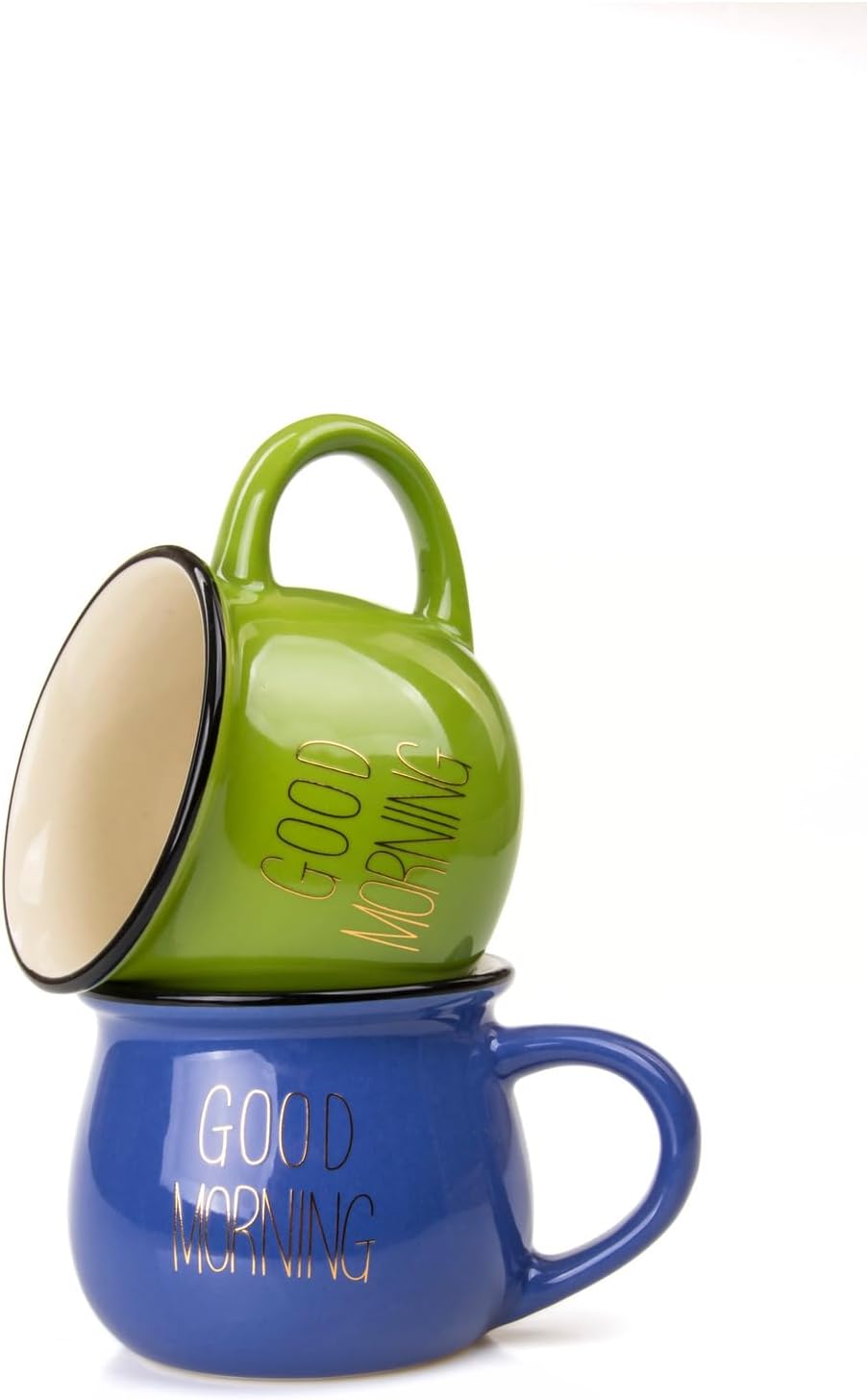 Mukko Home 2'Li Emaye Görünümlü Renkli Porselen Kupa Seti Good Morning Gold Yazılı 250 Ml,Mavi & Yeşil