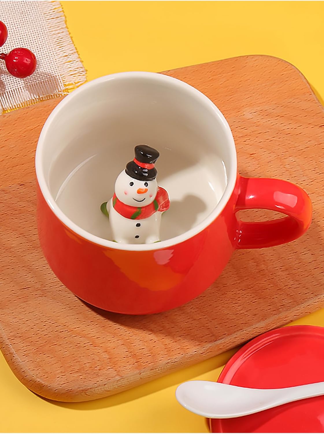 Mukko Home 3D Sevimli Kırmızı Başlıklı Kardan Adam Biblolu Porselen Kupa - 350Ml | Eğlenceli Ve Şık,Kırmızı