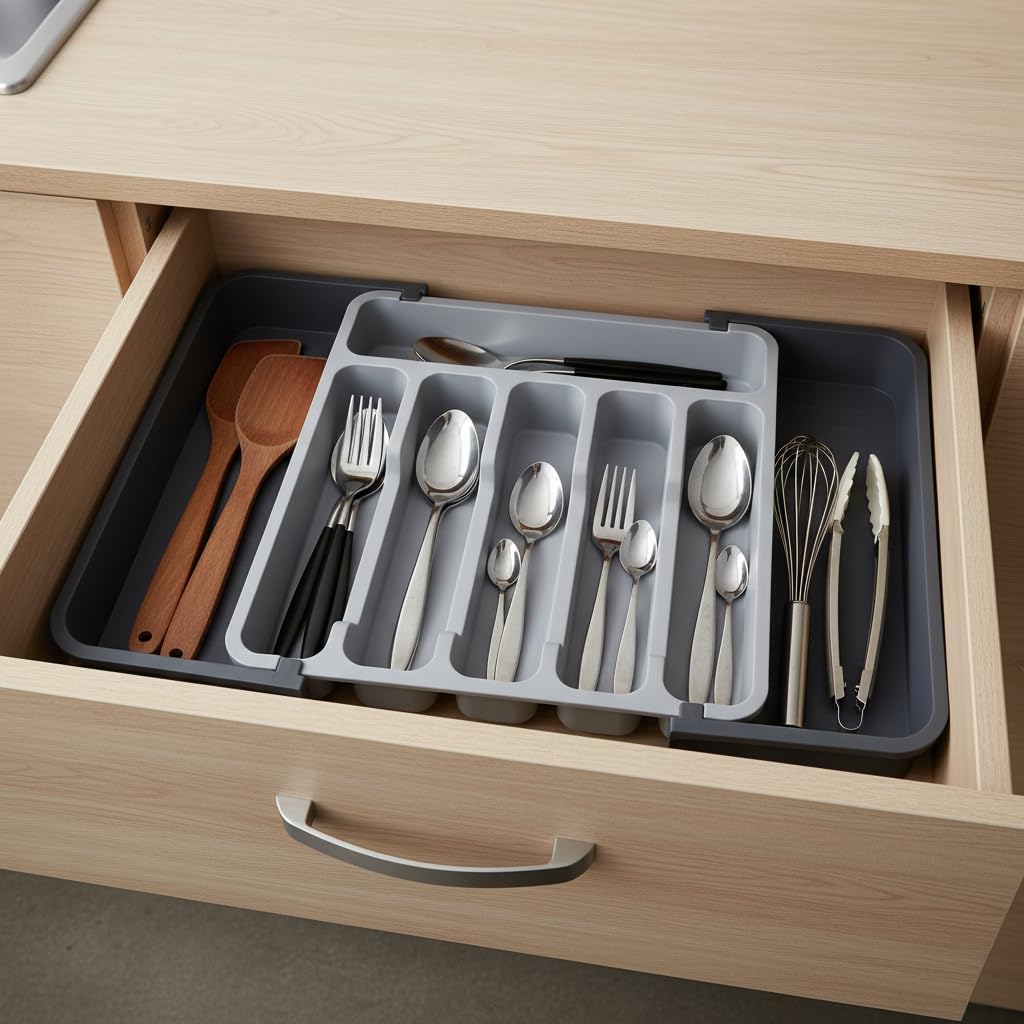 Çift Taraflı Açılır Çekmece İçi Kaşıklık ve Organizer - Modüler Sürgülü Mutfak Düzenleyici - Açık Gri ve Antrasit Renk - Kapalı 31 cm Açık 52 cm