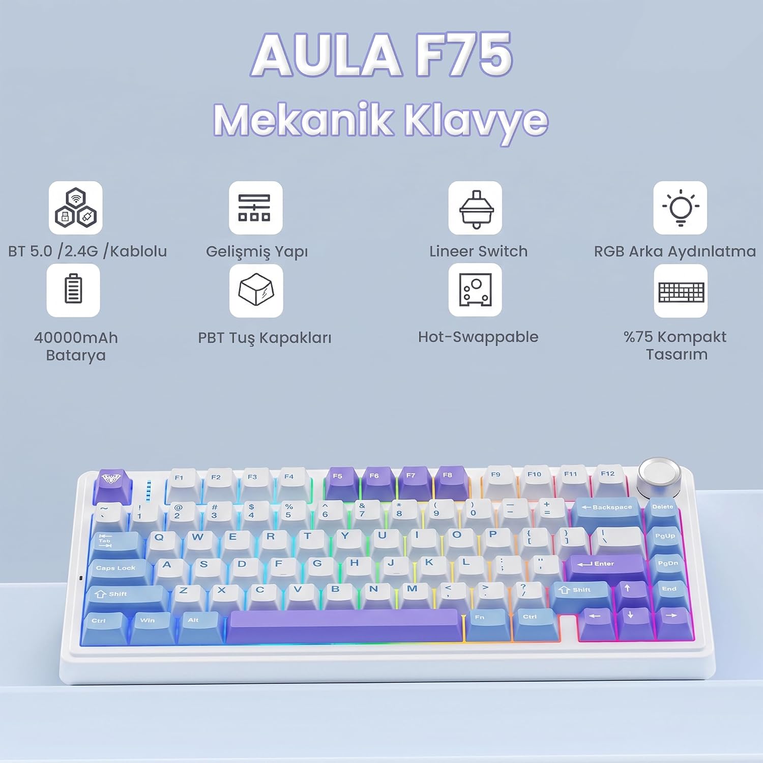 F75 Mekanik RGB TKL Star Vector Switch Kablosuz Makrolu Hot Swap Klavye Mor