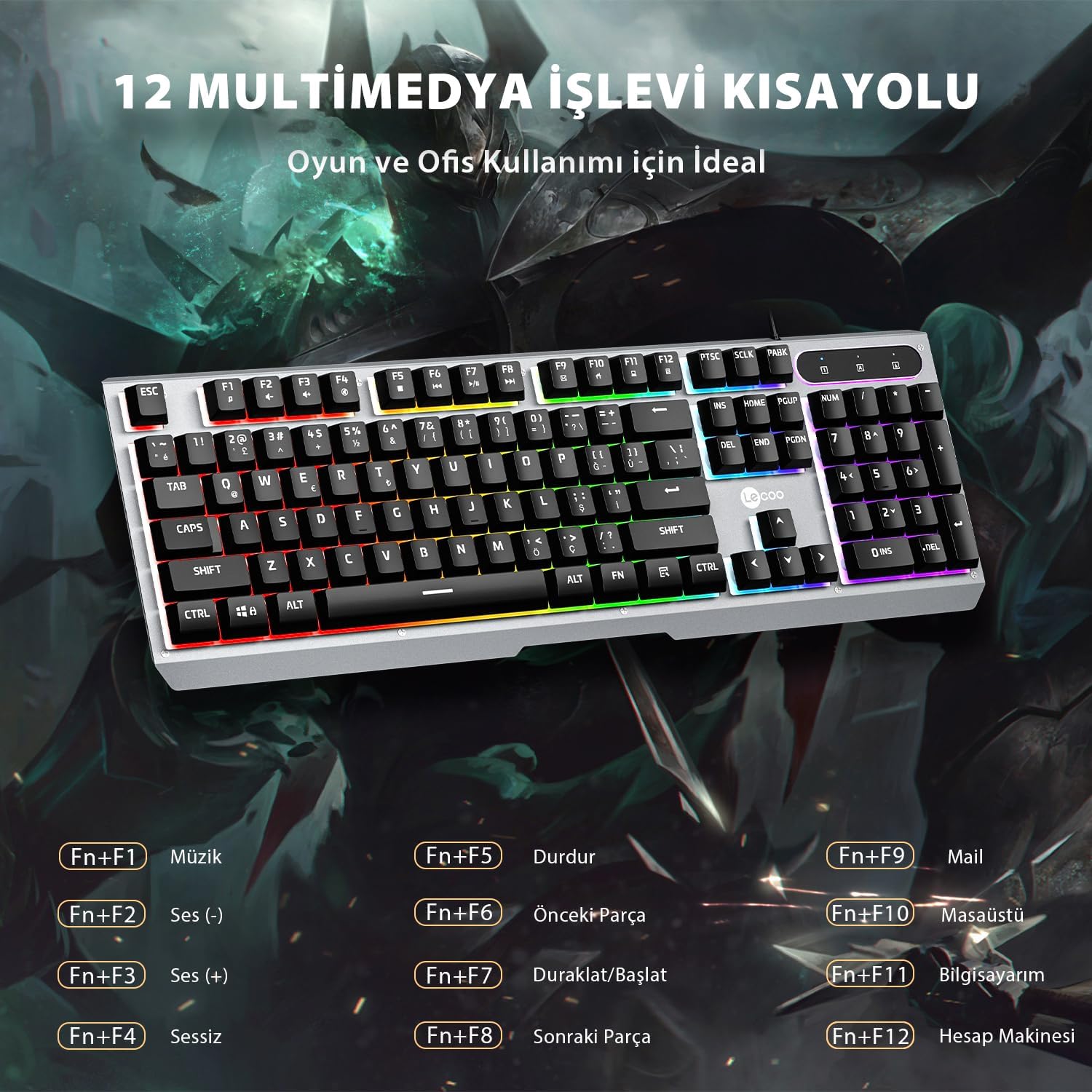 KB121 USB Kablolu Oyuncu Klavye - Makro Tuşlu, Rainbow Efektli, Mekanik Hisli Sessiz, Membran Gaming Türkçe Q Klavye Metalik Gri