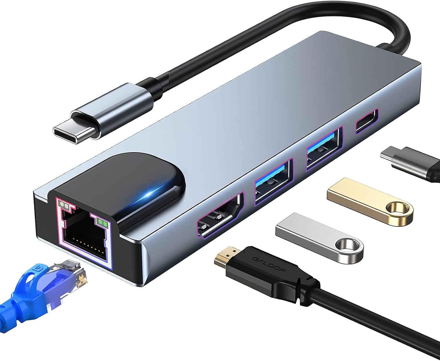 USB C Hub Çoklu Bağlantı Noktalı Adaptör, 8in1 arada USB C Yerleştirme İstasyonu, 4K HDMI, RJ45 Ethernet, USB3.0,C Tipi Cihazlarla Uyumlu