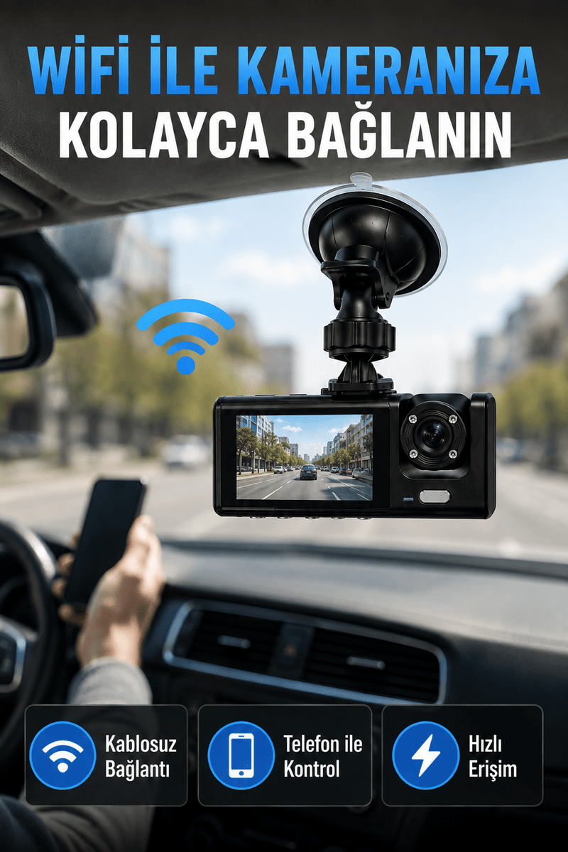 Çift Kameralı WiFi Araç Kamerası 170° Geniş Açı Full HD Araç İçi Kayıt Sistemi