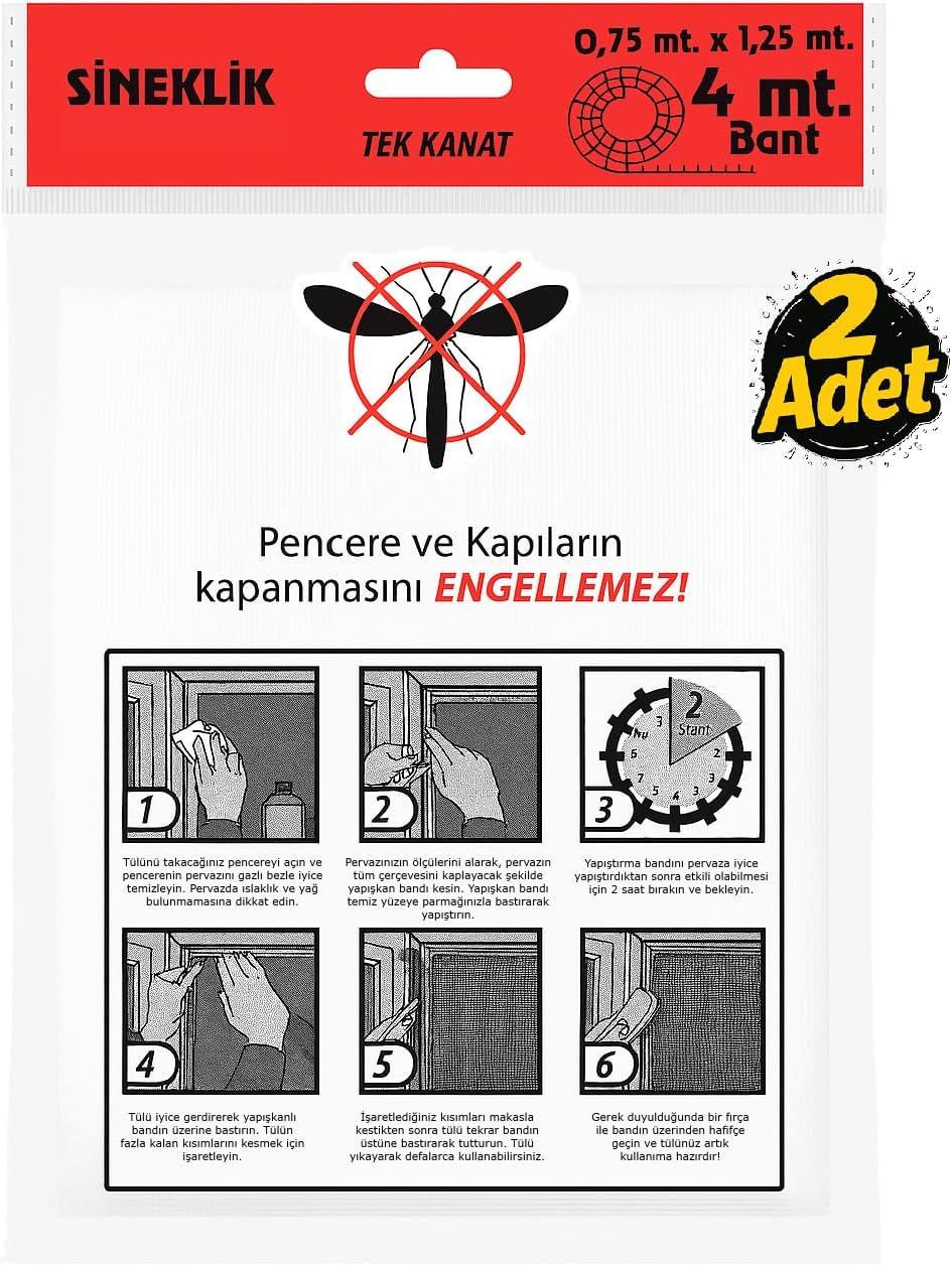 Tek Kanat Pratik Sineklik, 0.75 m x 1.25 m Tül, Kapı & Pencere Uyumlu, 4 m Yapıştırma Bantlı (2 Adet)