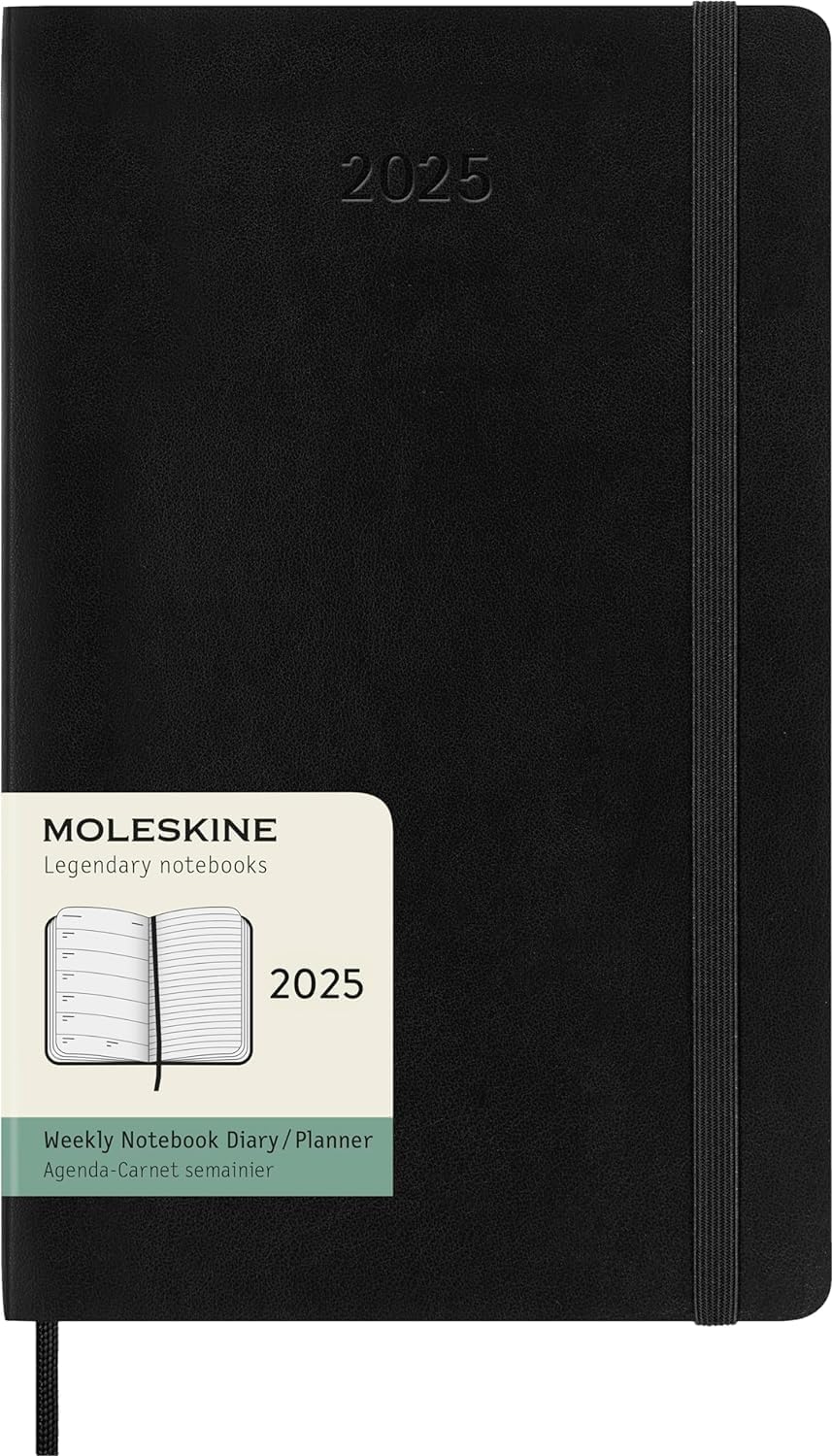 Haftalık planlayıcı, 12 ay 2025 için notlar için yer sunan haftalık planlayıcı, yumuşak kapak ve elastik kilit, renk siyah, büyük format 13 x 21 cm