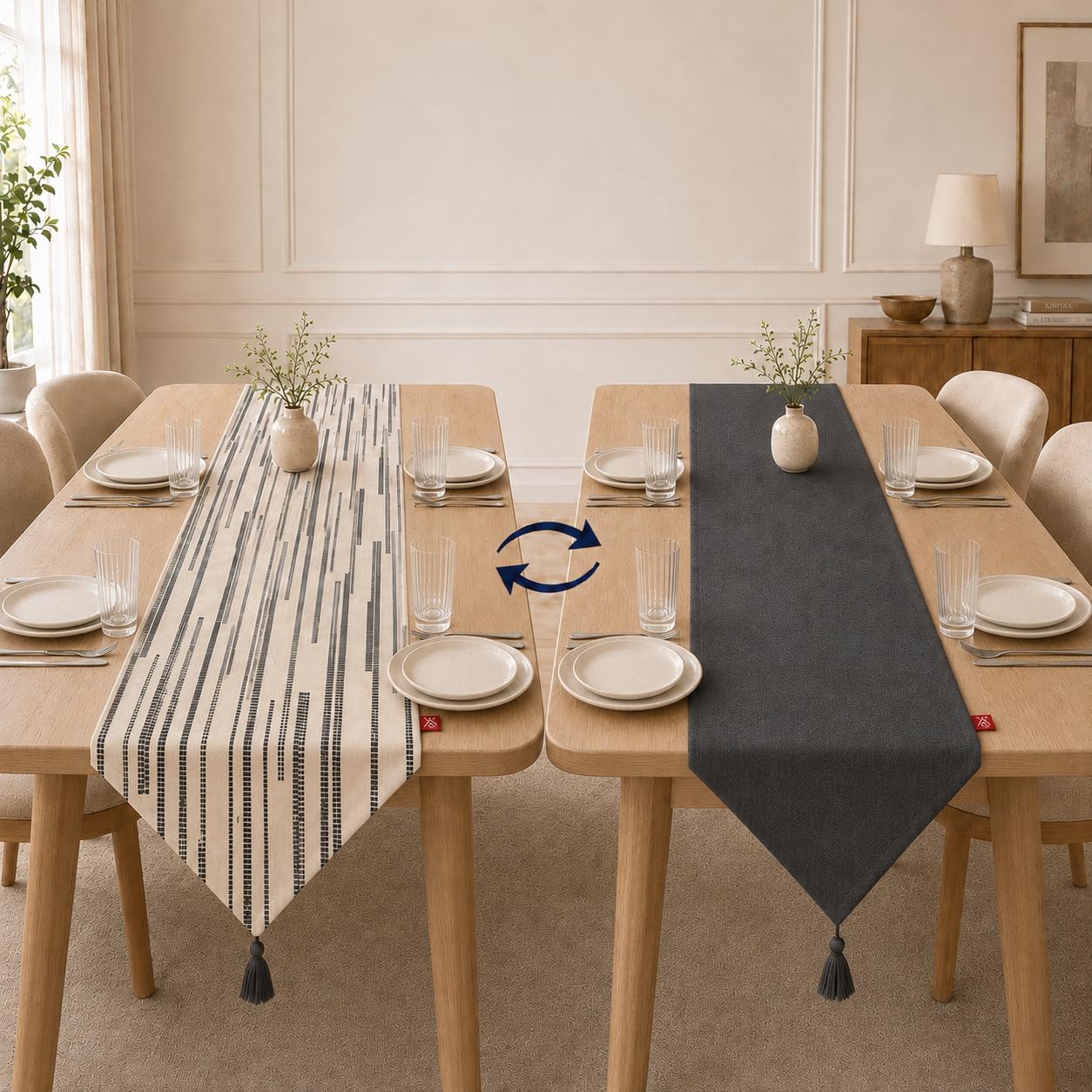 Tek Runner İki Farklı Yüz, Çift Taraflı Kullanım 45 x 150 cm, Desenli ve Düz İki Yüzlü Runner, Püsküllü Dekoratif Masa Örtüsü (Gri Lacivert Krem Çizgili desenli)
