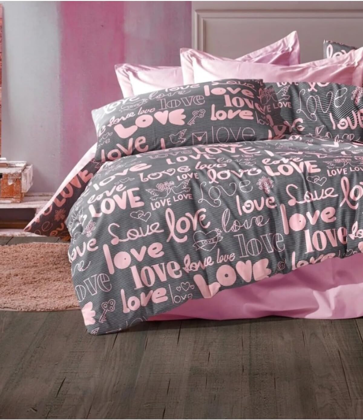 DENİZLİ ÇEYİZ Tek Kişilik Çocuk Nevresim Takımı Love Pembe