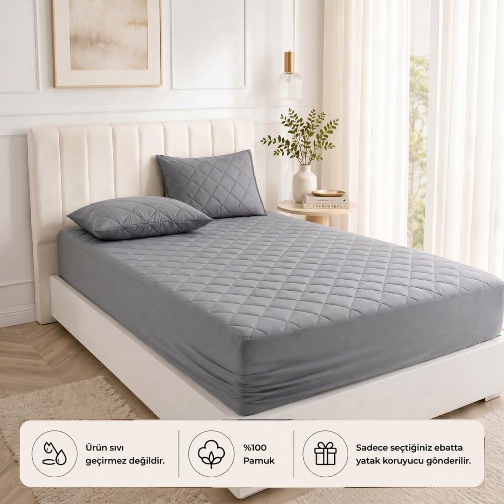 Yatak Koruyucu Alez Kapitone Gri Renk%100 Pamuk Fitted Alez Çarşaf 180 X 200