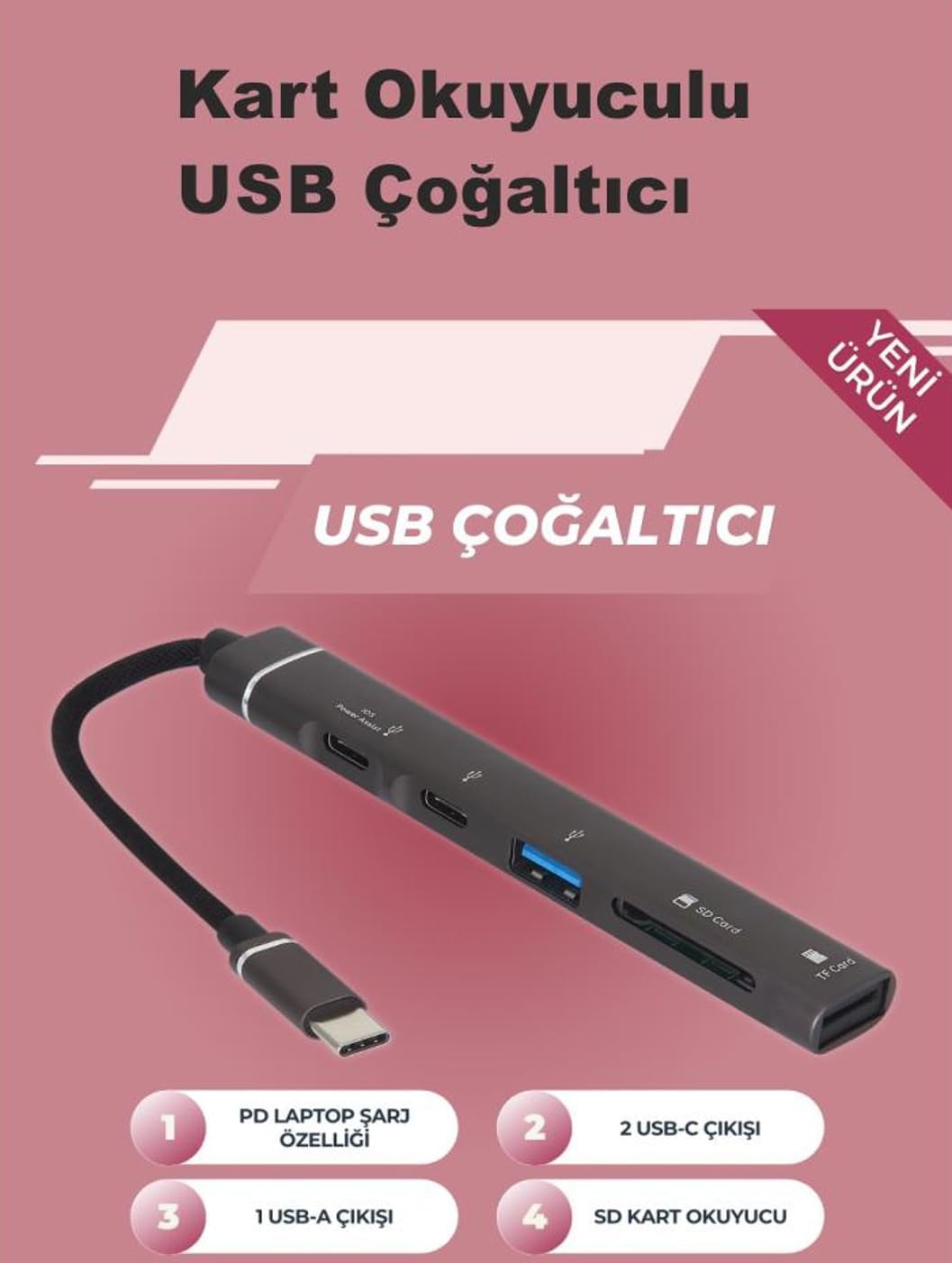 Type-C Hub, 5in1, 2 Adet Type-C, 1 Adet USB-A Çoklayıcı, TF Kart Girişli USB C Hub Adaptörü SD Kart Okuyucu Macbook ile Uyumlu H02 ZR888