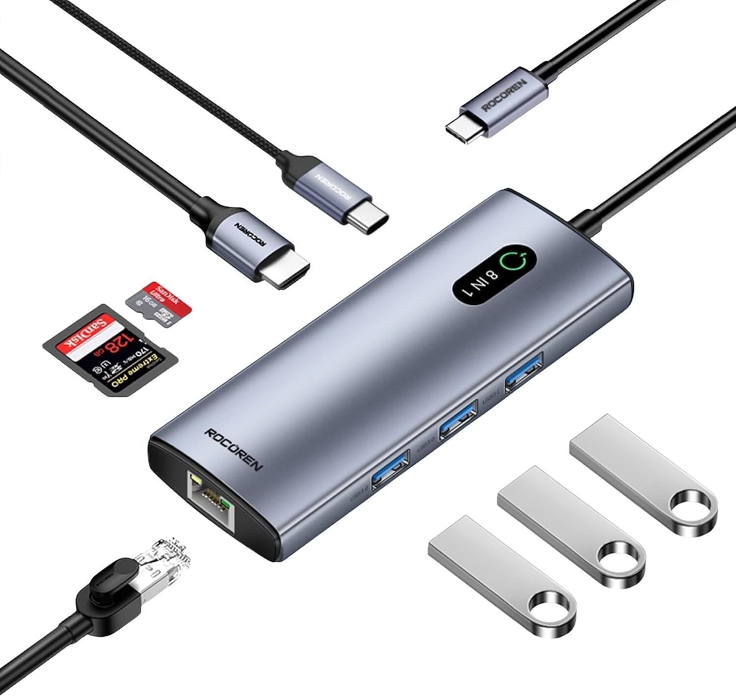 8 Portlu 4K 30Hz Gigabit Ethernet SD TF Kart Okuyuculu 3*USB3.0 PD 100W Destekli Hub Çoklayıcı