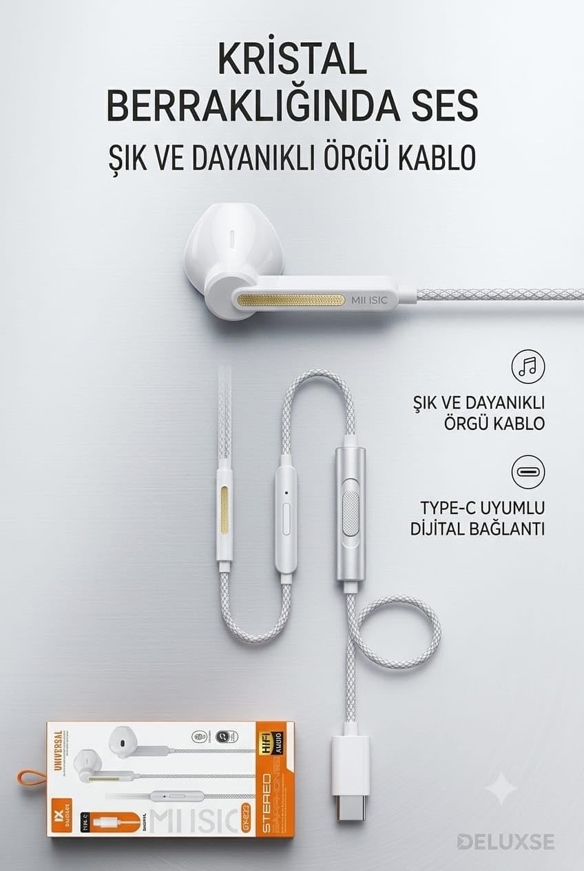 C22 TYPE C KABLOLU MİKROFONLU KULKALIK (BEYAZ, Kulak içi)