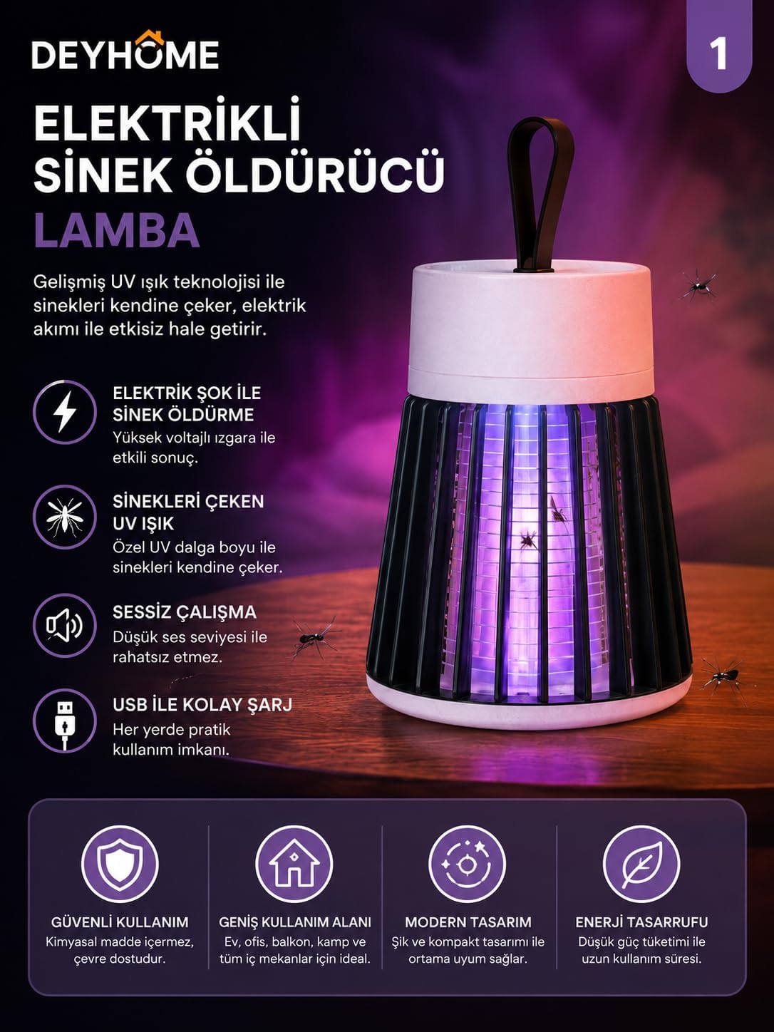 Elektrikli Sinek Öldürücü Lamba USB Şarjlı UV Işıklı Sivrisinek Tuzak Lambası Sessiz Çalışan Böcek Kovucu