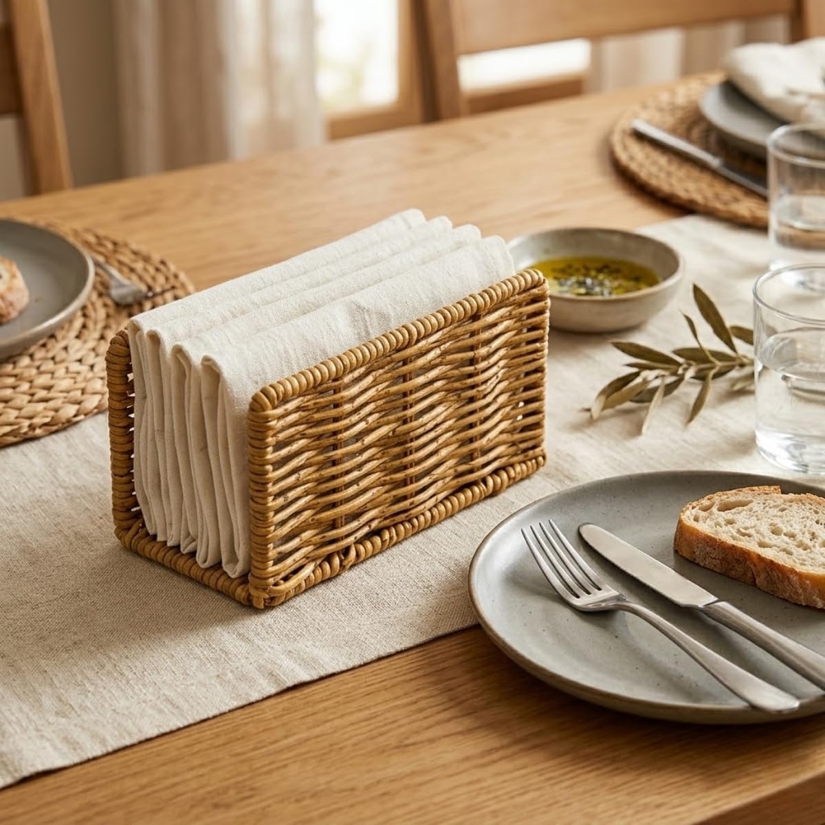 DEİNHAUS Hasır Örgü Peçetelik, Doğal Renk, Rattan, 14x5x8 cm, Rustik Stil, Yemek Masası için