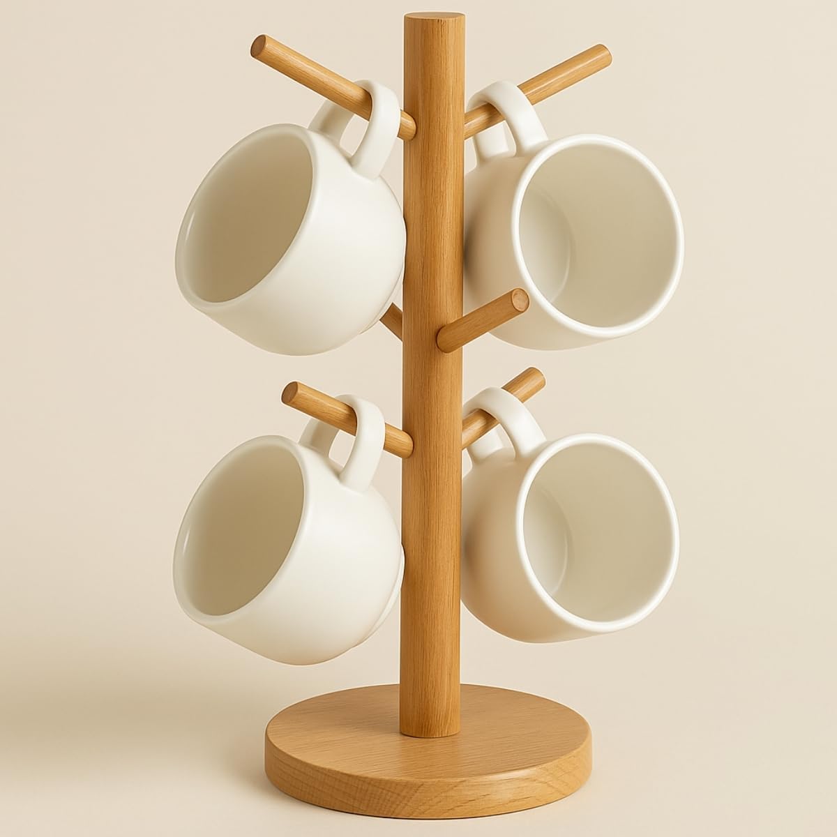Ahşap Bambu Kupa Bardak Askısı 6'lı Stand Doğal Mutfak Tezgahı İçin Kupa Standı Bardak Tutucu Modern Dekoratif Dayanıklı Kolay Kurulumlu Organizer (Yuvarlak)