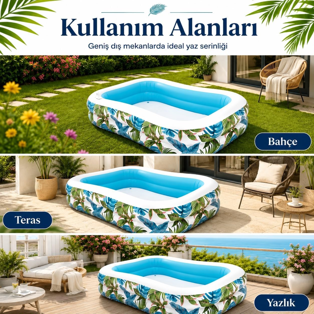 Yaprak Desenli Tropik Aile Havuzu 229 x 52 x 48 cm Şişme Dikdörtgen Bahçe Havuzu