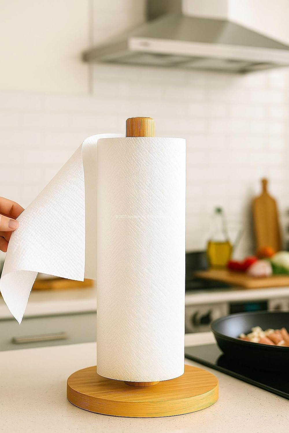 Bambu Kağıt Havluluk Doğal Ahşap Mutfak Tezgahı İçin Dikey Kağıt Havlu Standı Modern Şık Tasarım Dayanıklı Kolay Temizlenir Kaymaz Tabanlı Pratik Kağıt Havlu Tutucu Organizer (Yuvarlak)