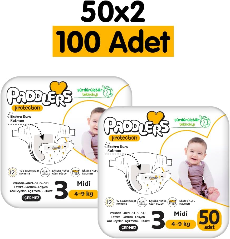 Protection Bebek Bezi 3 Numara Midi (4-9 Kg) 100 Adet – 2’li Jumbo Set, Maksimum Koruma