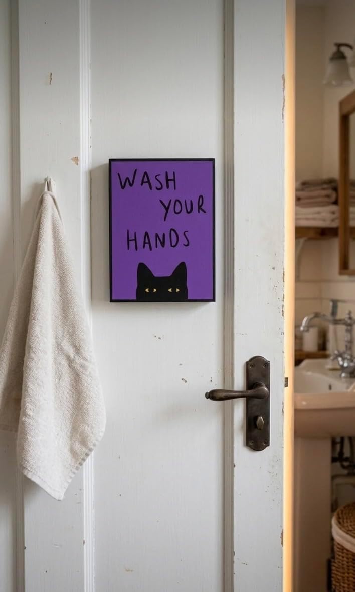 Wash Your Hands Kedi Figürlü Dekoratif Duvar Tablosu – Banyo Kapısı ve Lavabo Üstü Duvar Dekoru