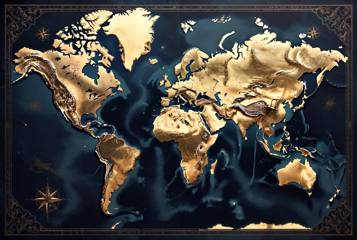 BYBARS Lacivert Gold Dünya Haritası Dekoratif Tablo – 40x50 cm – 3mm Forex PVC Duvar Tablosu – Modern Ofis ve Salon Dekoru