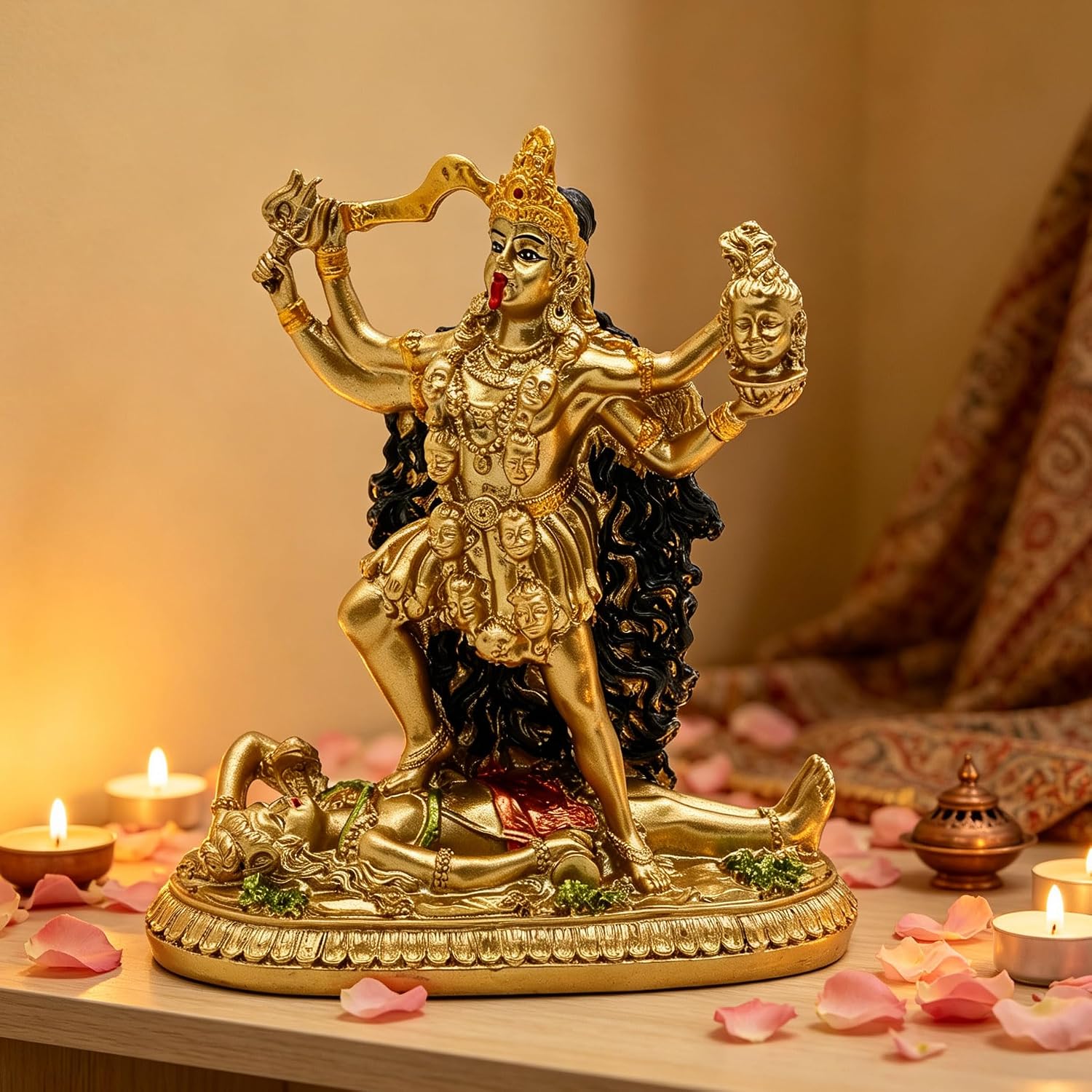 Hindu Tanrıça Kali Heykeli - Hint Tanrısı Dekoratif Antika İdol - Hindistan Zaman ve Ölüm Tanrıçası Heykelcik Murti Pooja Puja Buda Tapınağı Mandir Dekoru