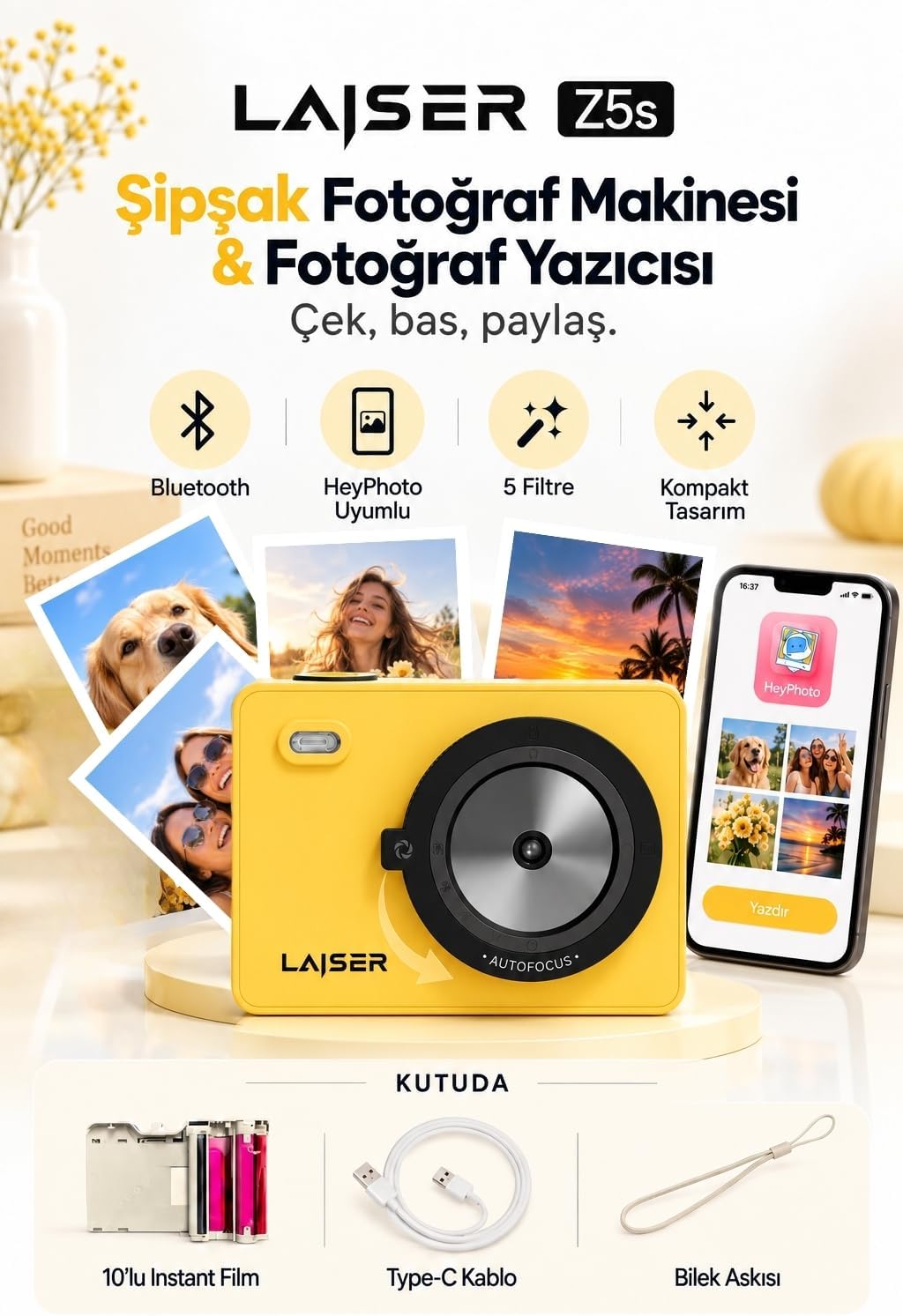 Z5s İnstant Kamera ve Fotoğraf Yazıcısı - Şipşak Fotoğraf Makinesi-Yellow