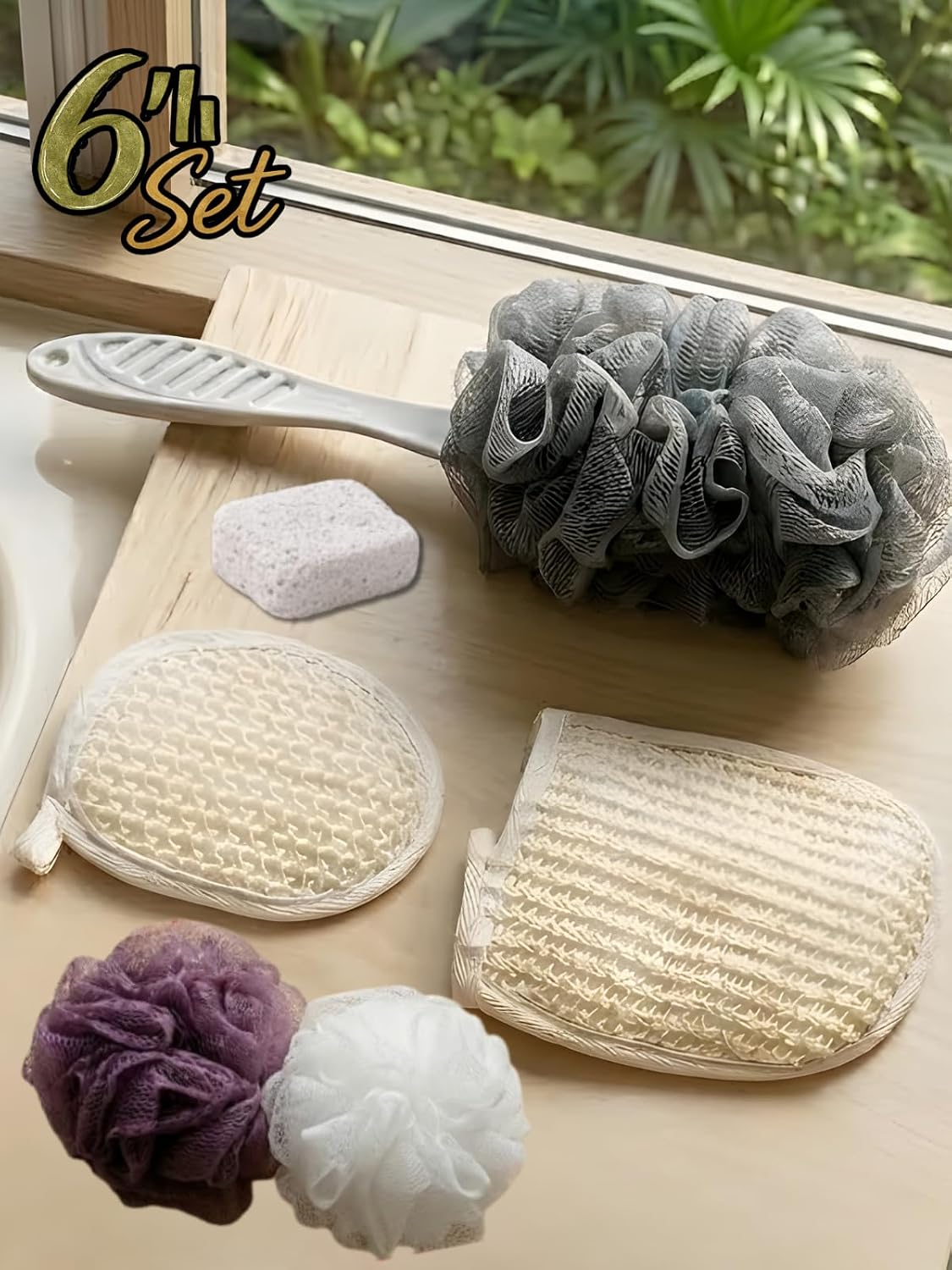 6'lı Banyo Duş Bakım Seti Premium Cilt Ponza Taşı Sisal Eldiven ve Yüz Pedi Lif Set Vücut Temizliği