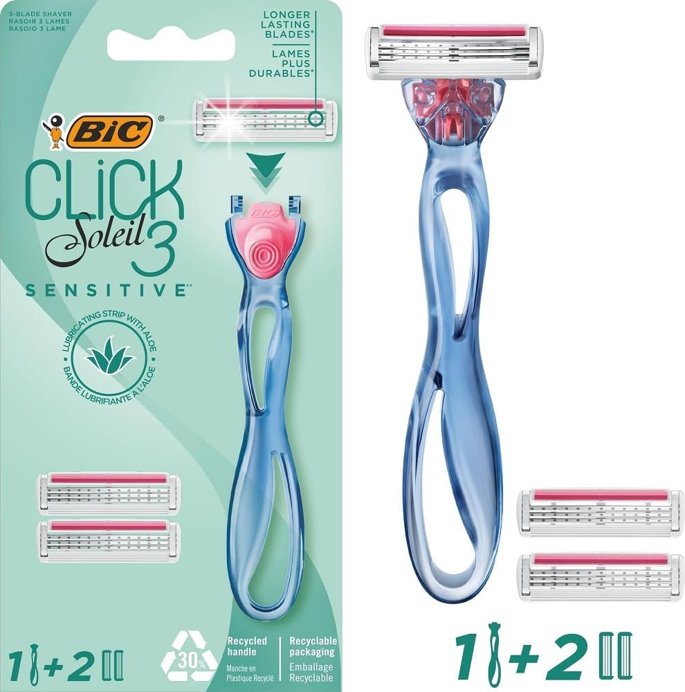 Soleil Click Sensitive 1 Gövde & 2 Başlık Kadın Tıraş Bıçağı (3 Bıçak), Oynar Başlıklı, Aloe Vera ile Zenginleştirilmiş Kayganlaştırıcı Jel Şerit