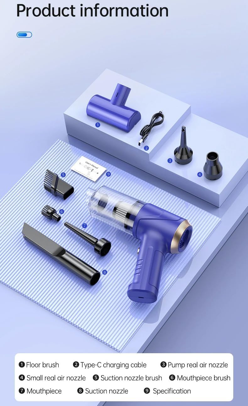 Araba Süpürgesi Dahili Işıklı Taşınabilir Kablosuz, Şarj Edilebilir Süpürge, 18000 PA Yüksek Güçlü Fırçasız Motor, 4000mAh, Ev, Ofis, Bilgisayar için Çoklu Başlıklı LT-145 Lacivert